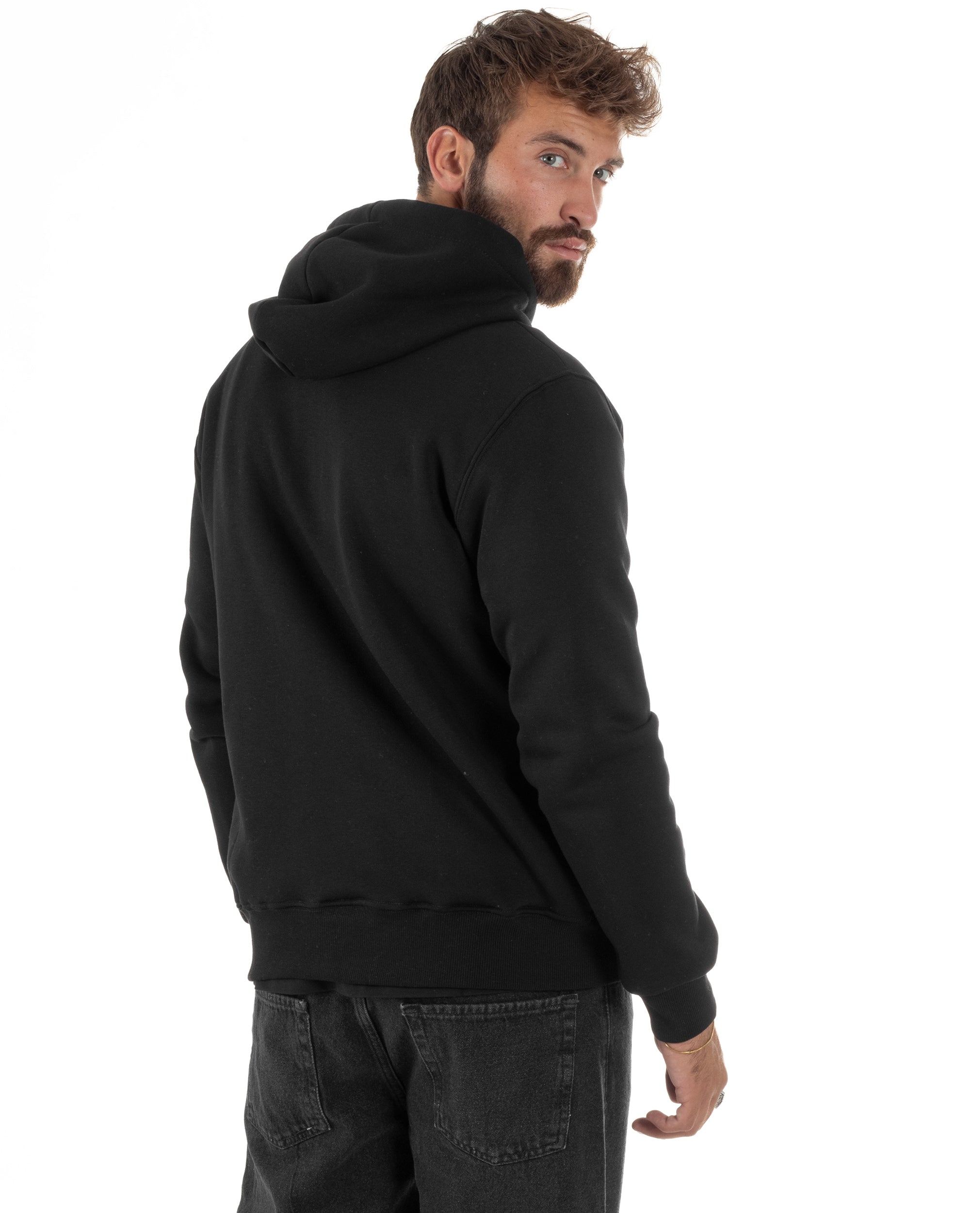 Felpa Uomo Con Cappuccio Zip Basic Tinta Unita Nero BERNA M252018