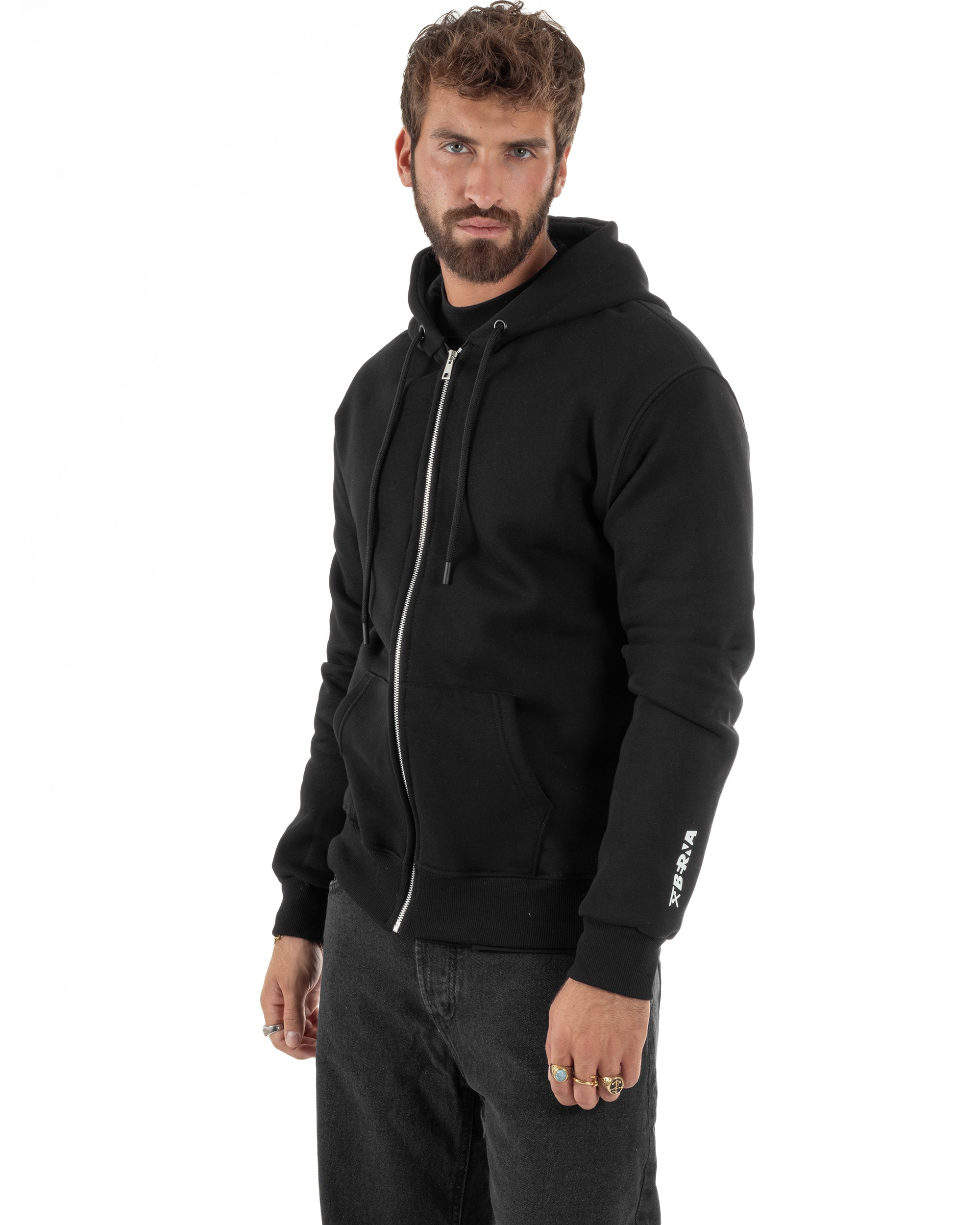 Felpa Uomo Con Cappuccio Zip Basic Tinta Unita Nero BERNA M252018