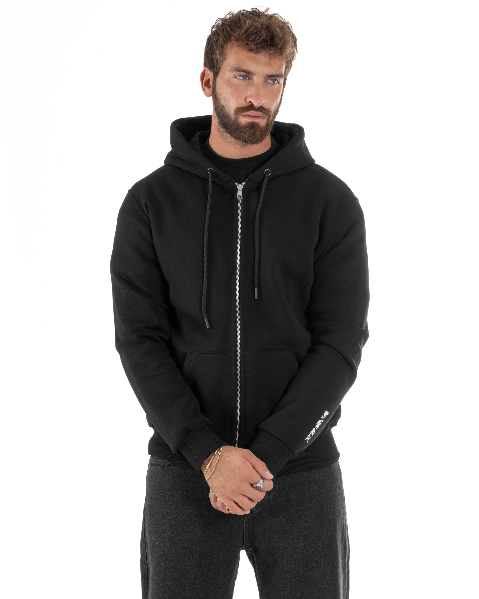 Felpa Uomo Con Cappuccio Zip Basic Tinta Unita Nero BERNA M252018