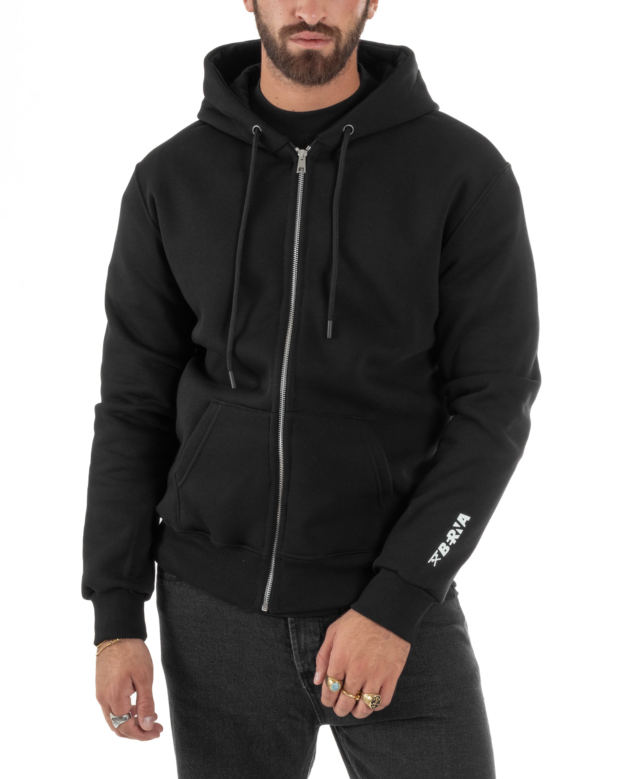Felpa Uomo Con Cappuccio Zip Basic Tinta Unita Nero BERNA M252018