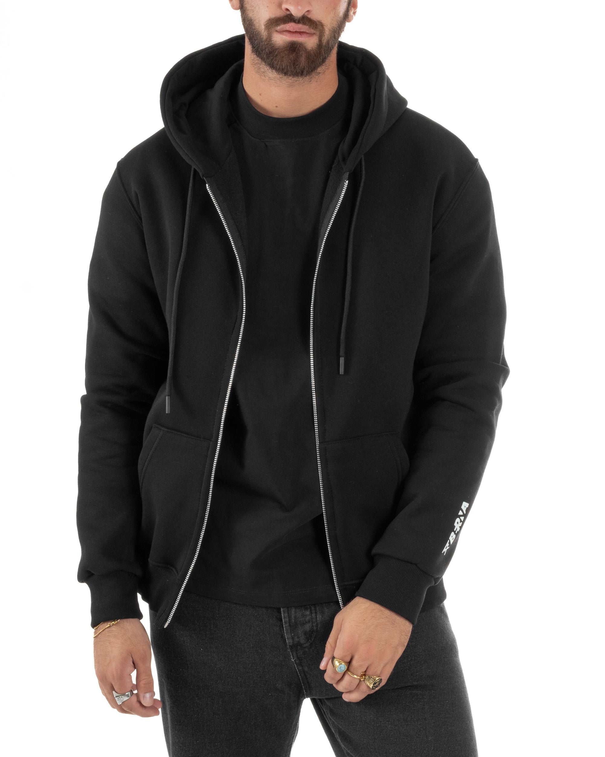 Felpa Uomo Con Cappuccio Zip Basic Tinta Unita Nero BERNA M252018