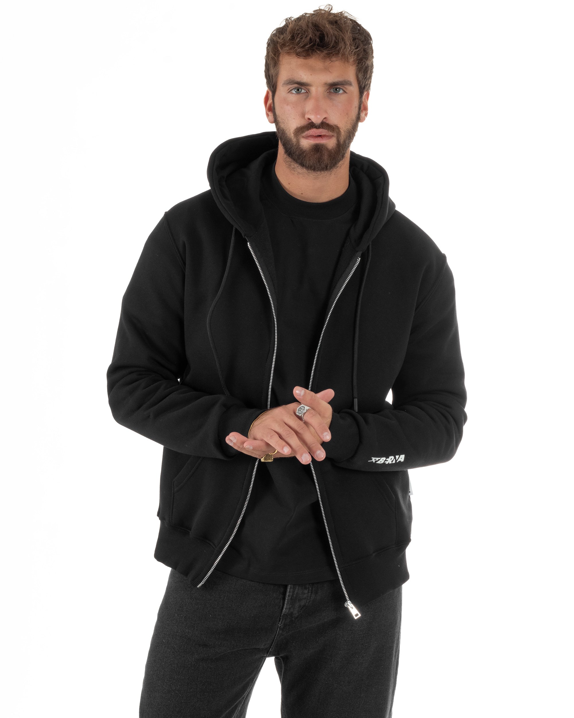 Felpa Uomo Con Cappuccio Zip Basic Tinta Unita Nero BERNA M252018
