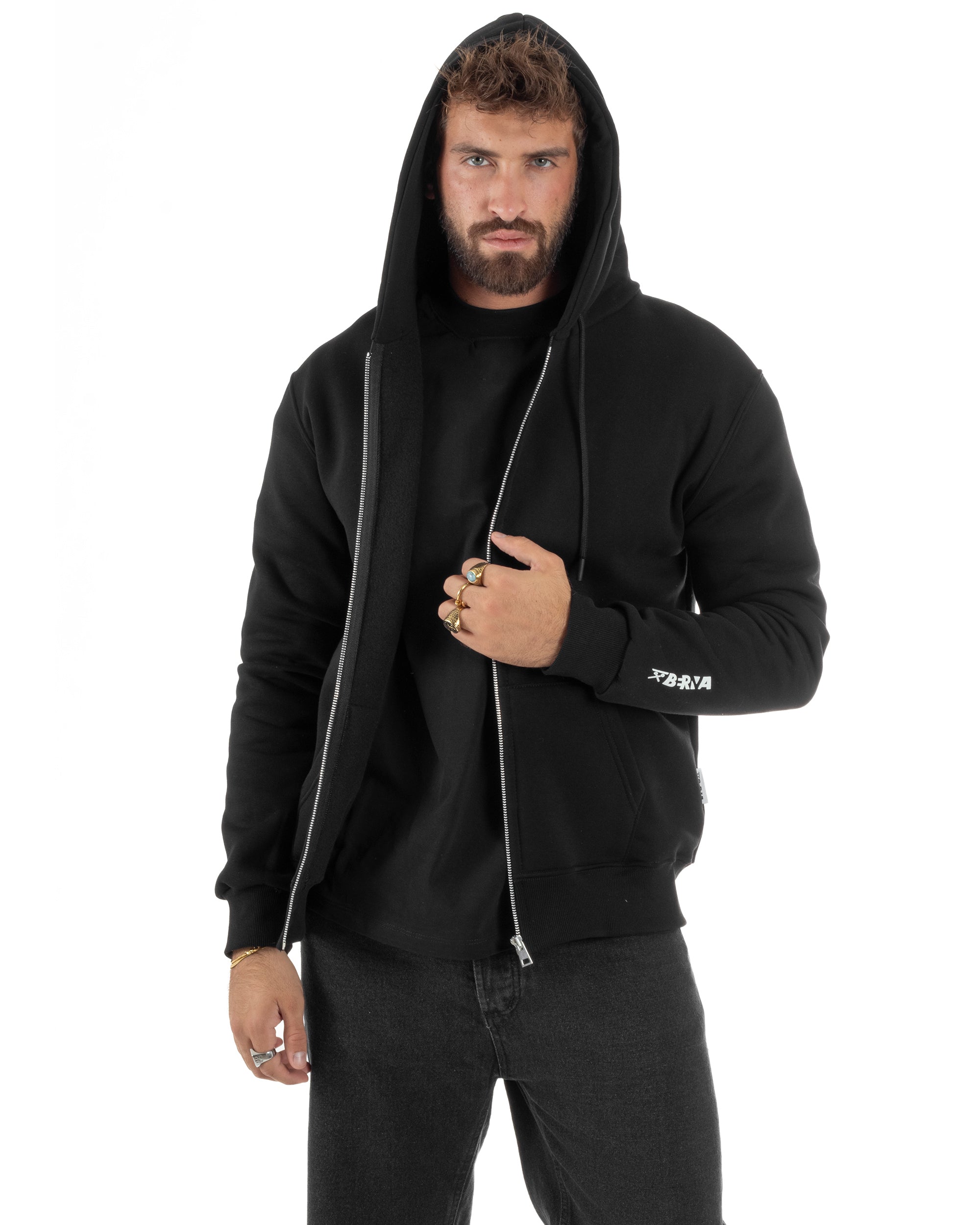 Felpa Uomo Con Cappuccio Zip Basic Tinta Unita Nero BERNA M252018