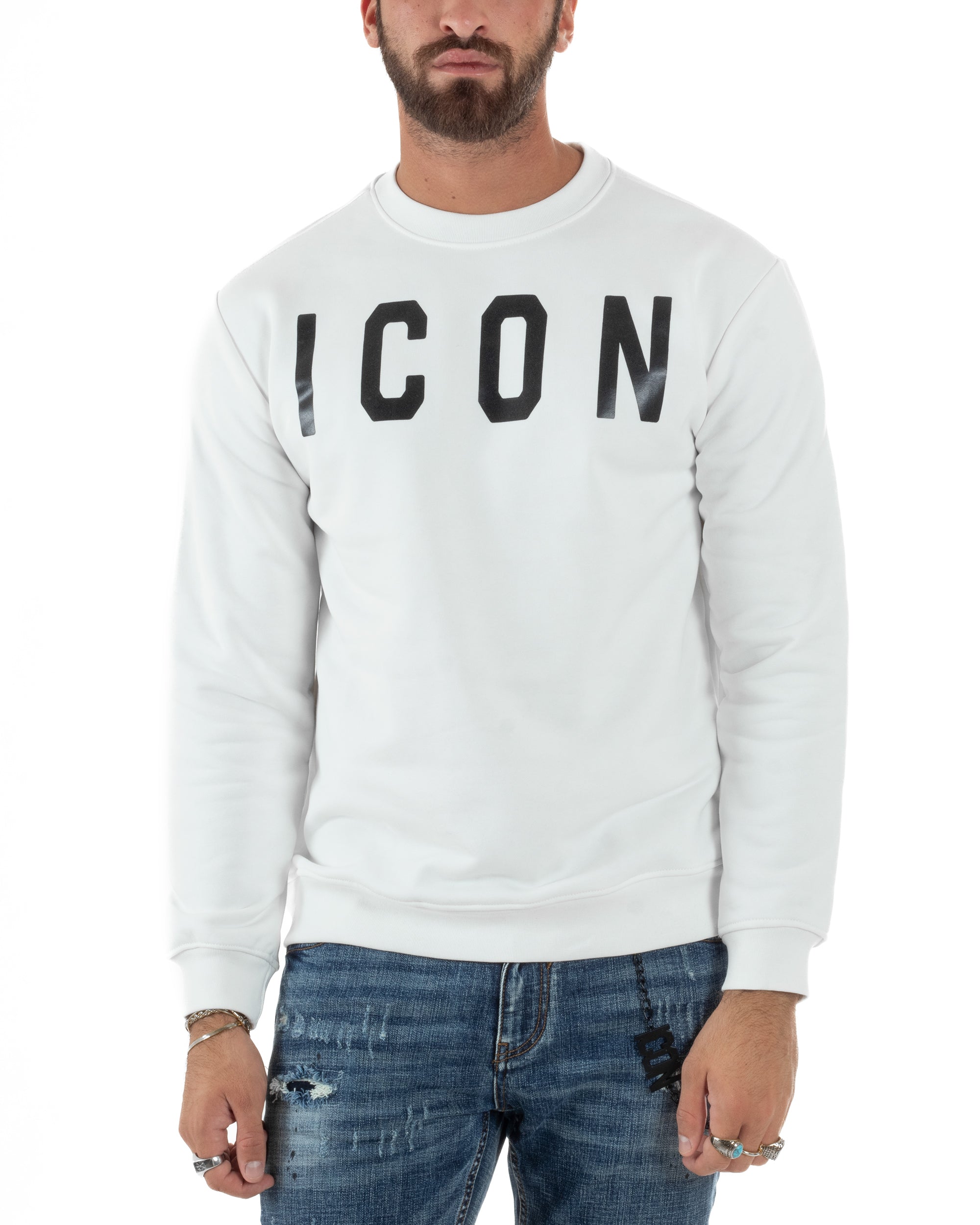 Felpa Uomo Girocollo Stampa Scritta Casual Regular Fit Basic Bianco ICON ICUF2W6F001