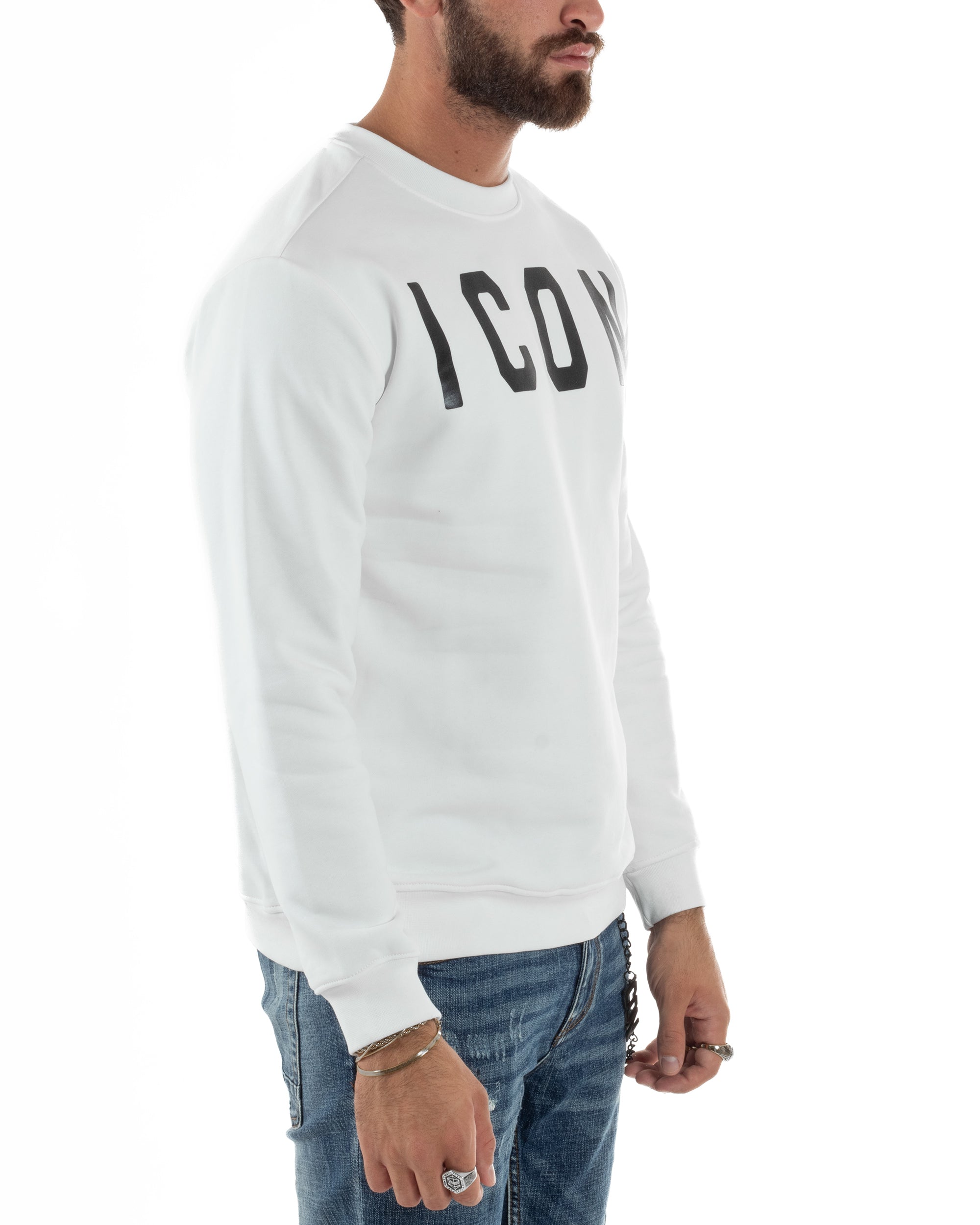 Felpa Uomo Girocollo Stampa Scritta Casual Regular Fit Basic Bianco ICON ICUF2W6F001