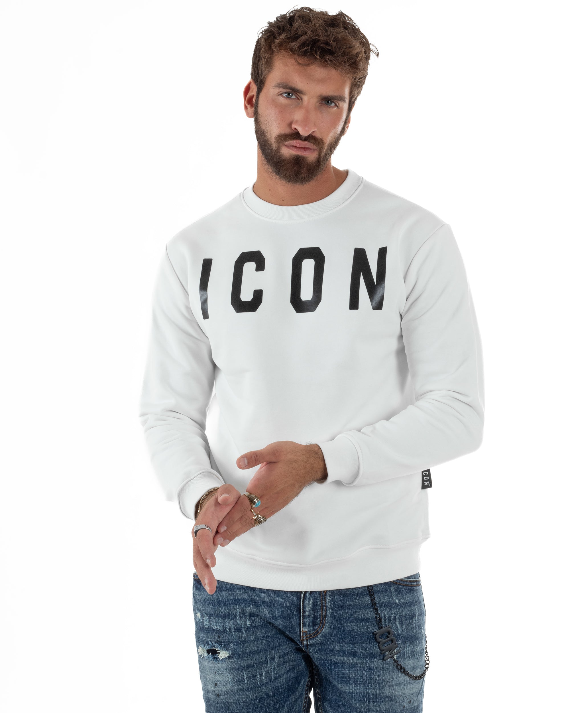 Felpa Uomo Girocollo Stampa Scritta Casual Regular Fit Basic Bianco ICON ICUF2W6F001