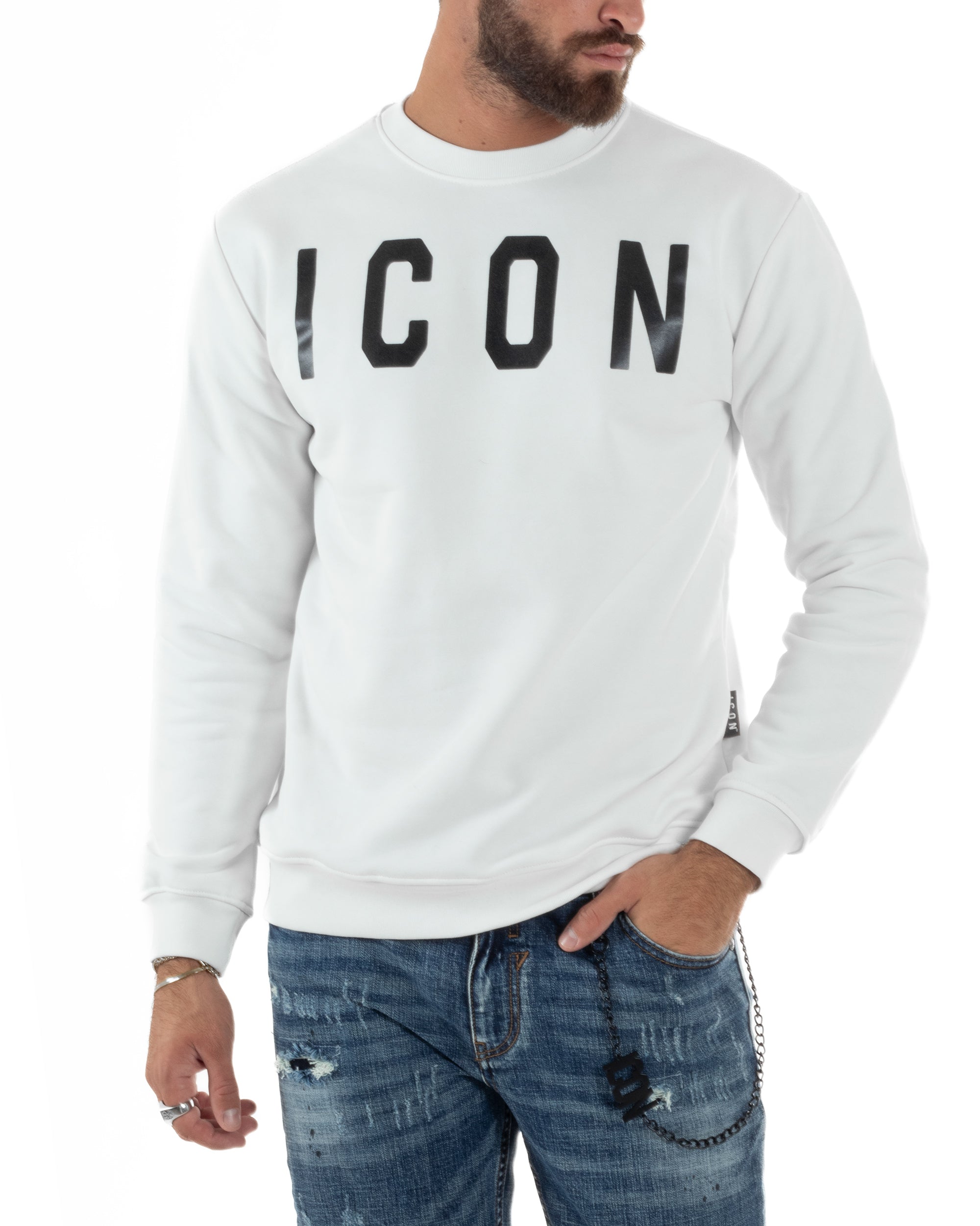 Felpa Uomo Girocollo Stampa Scritta Casual Regular Fit Basic Bianco ICON ICUF2W6F001