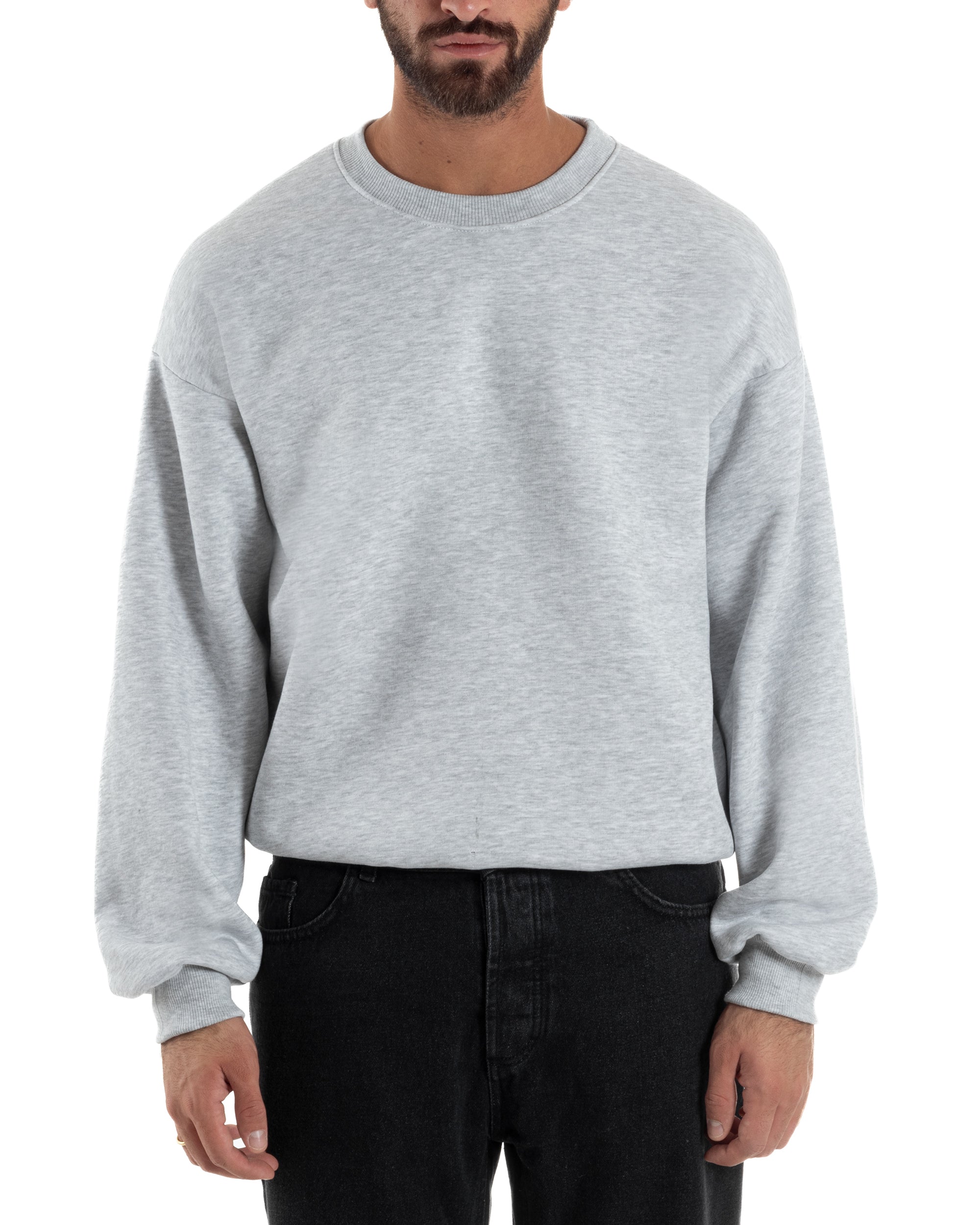 Felpa Girocollo Hoodie Boxy Fit Basic Felpata Grigio Chiaro F3053A
