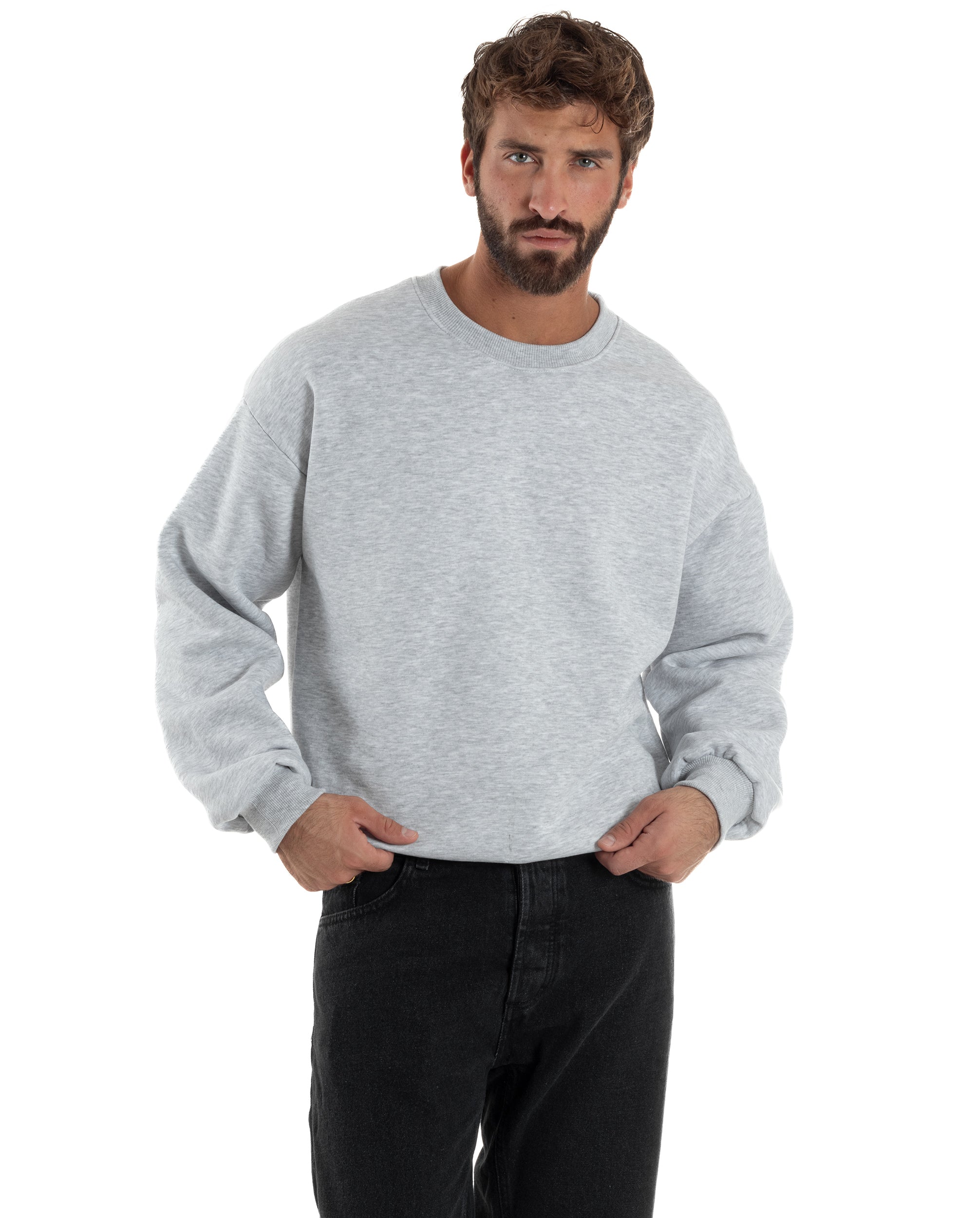 Felpa Girocollo Hoodie Boxy Fit Basic Felpata Grigio Chiaro F3053A