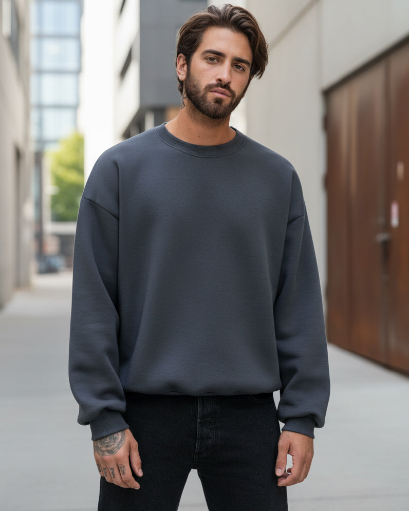 Felpa Girocollo Hoodie Boxy Fit Basic Felpata Piombo F3054A