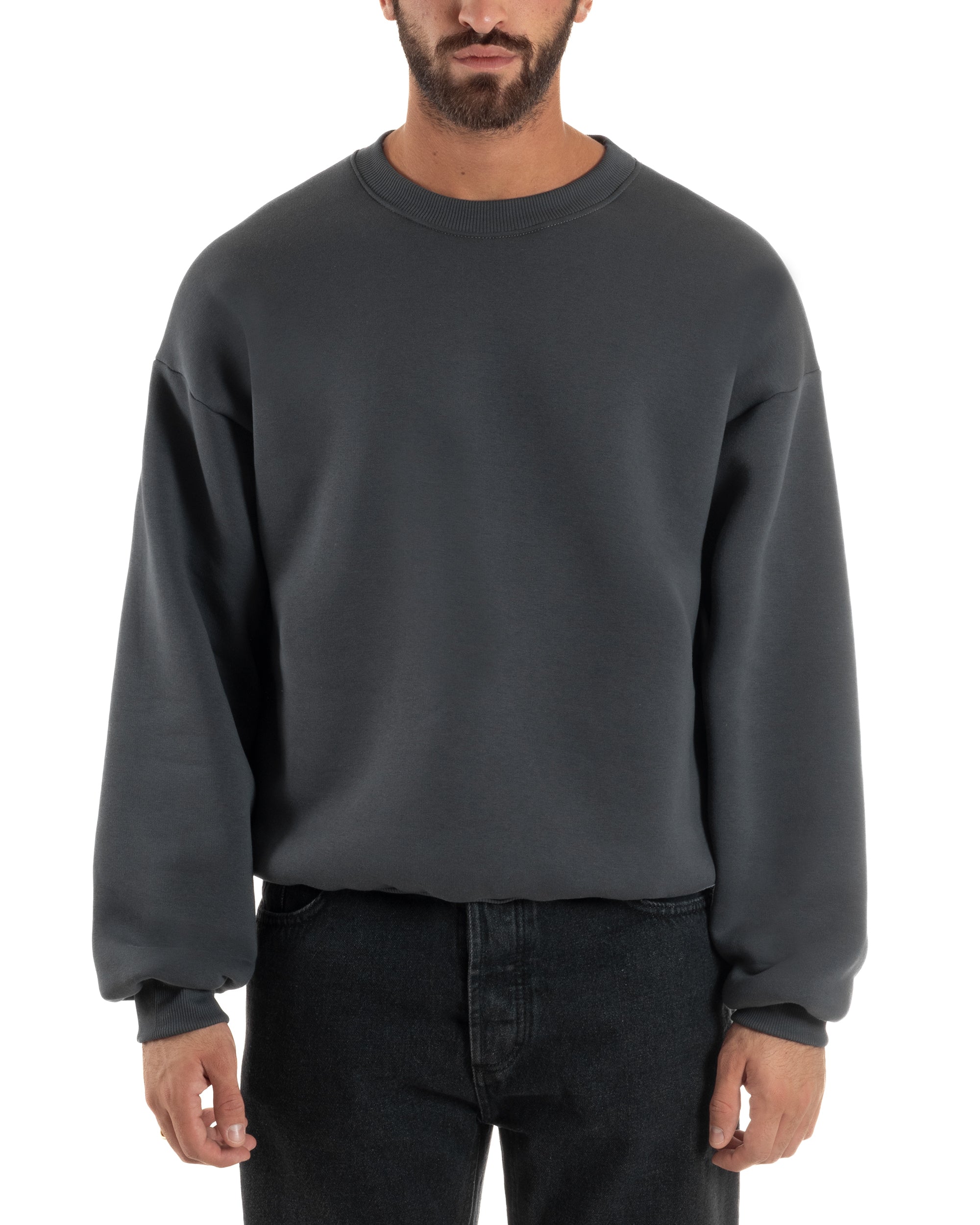Felpa Girocollo Hoodie Boxy Fit Basic Felpata Piombo F3054A