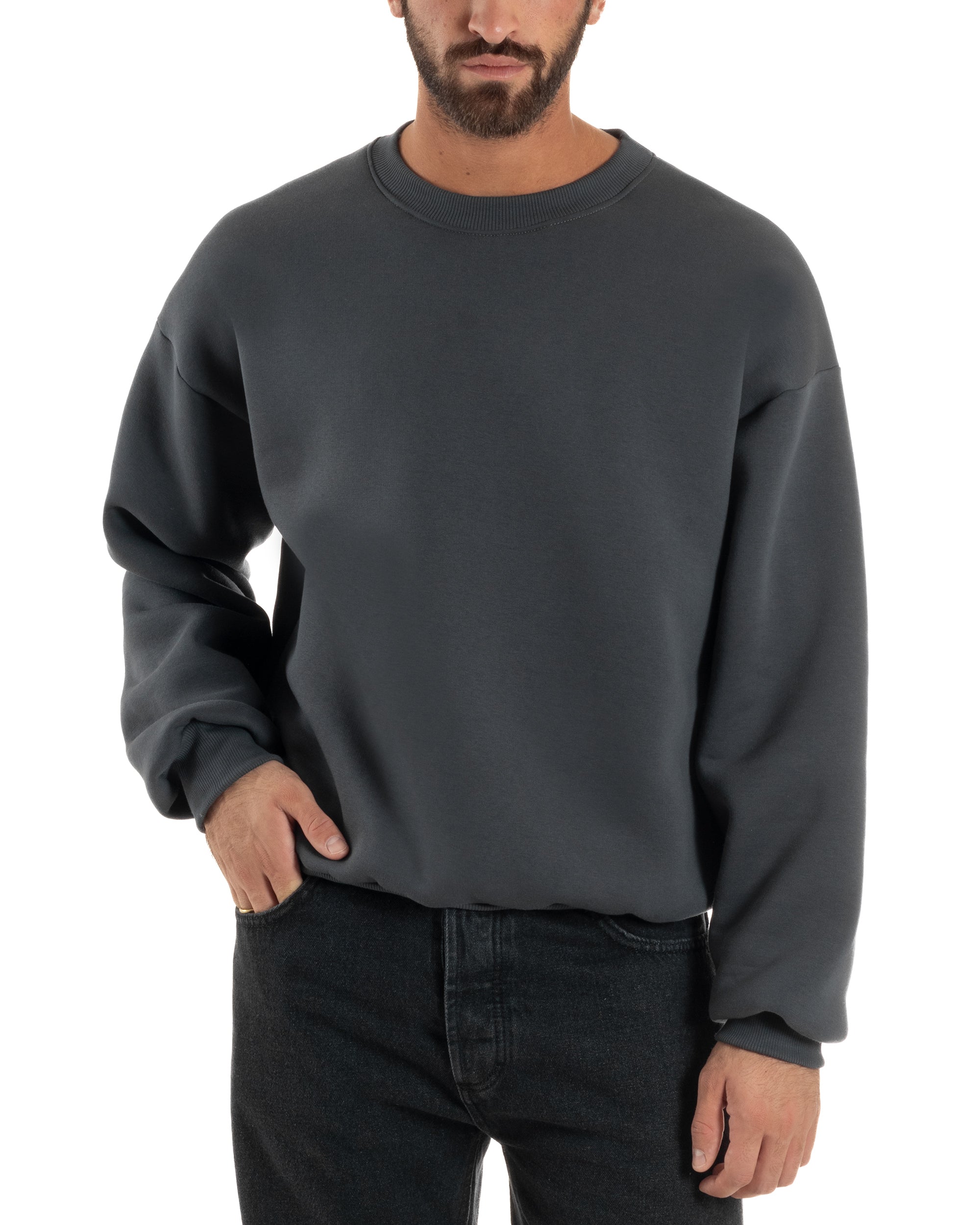 Felpa Girocollo Hoodie Boxy Fit Basic Felpata Piombo F3054A