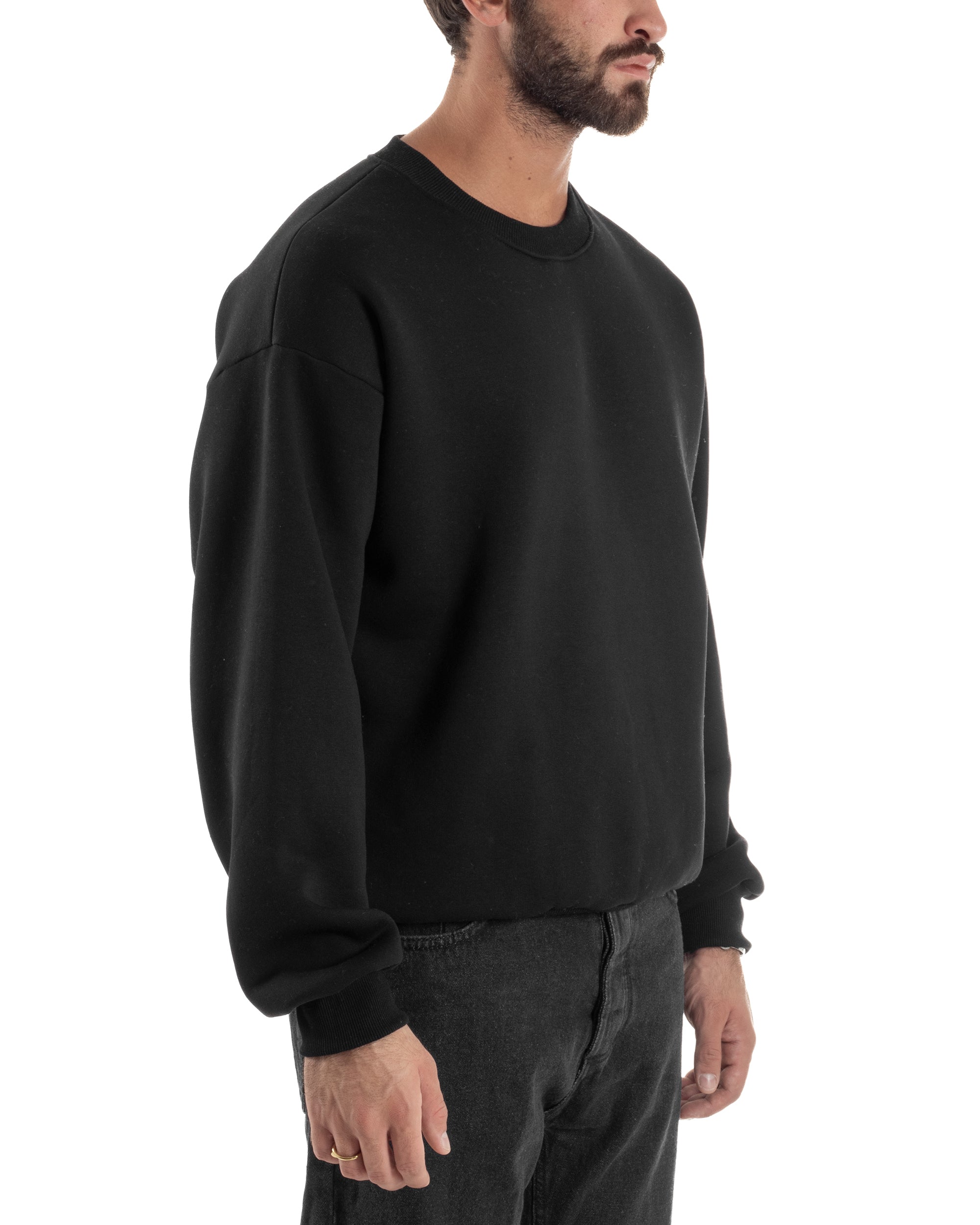 Felpa Girocollo Hoodie Boxy Fit Basic Felpata Nero F3055A