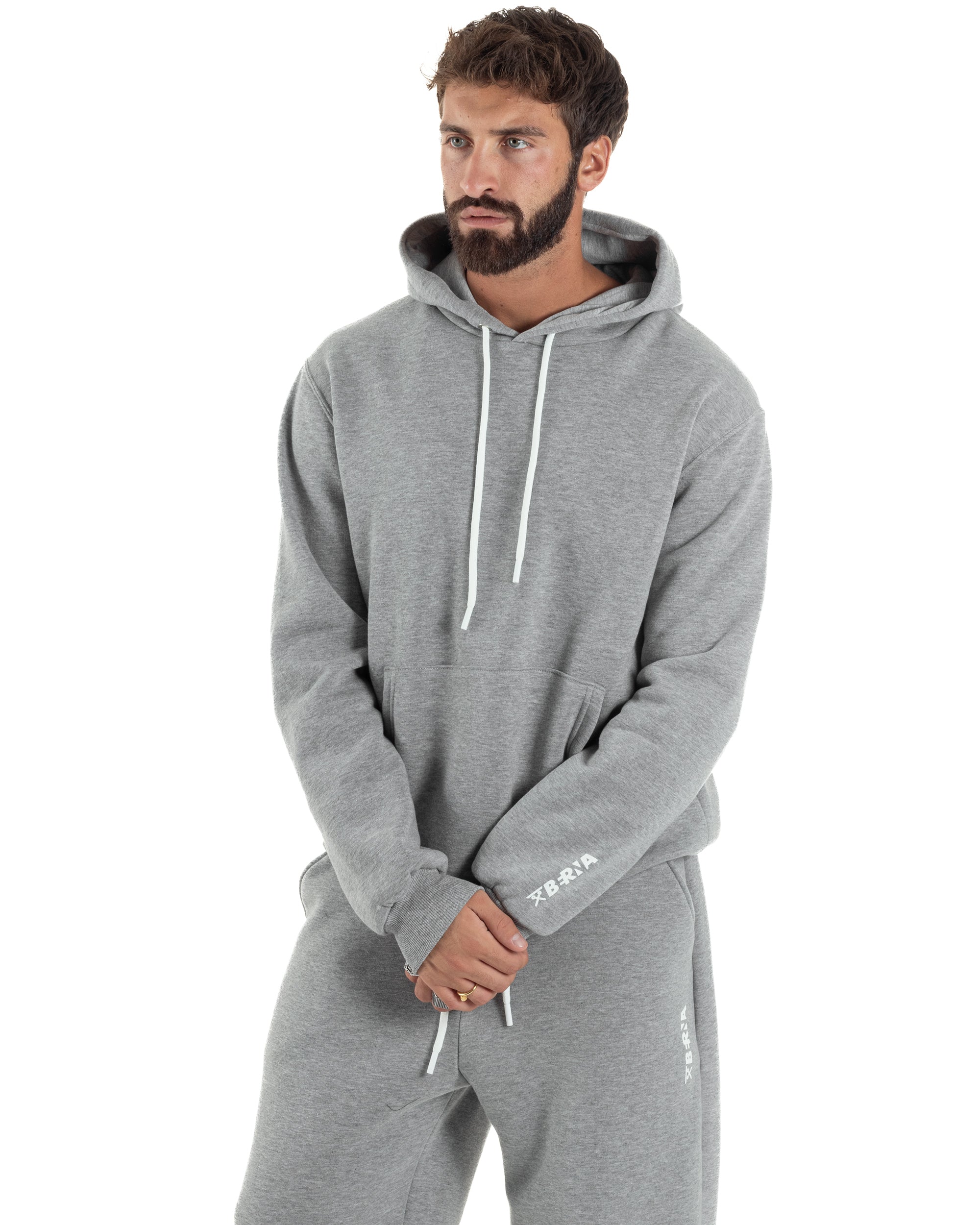 Felpa Uomo Hoodie Con Cappuccio Logo Felpata Comoda Grigio Berna M-252019