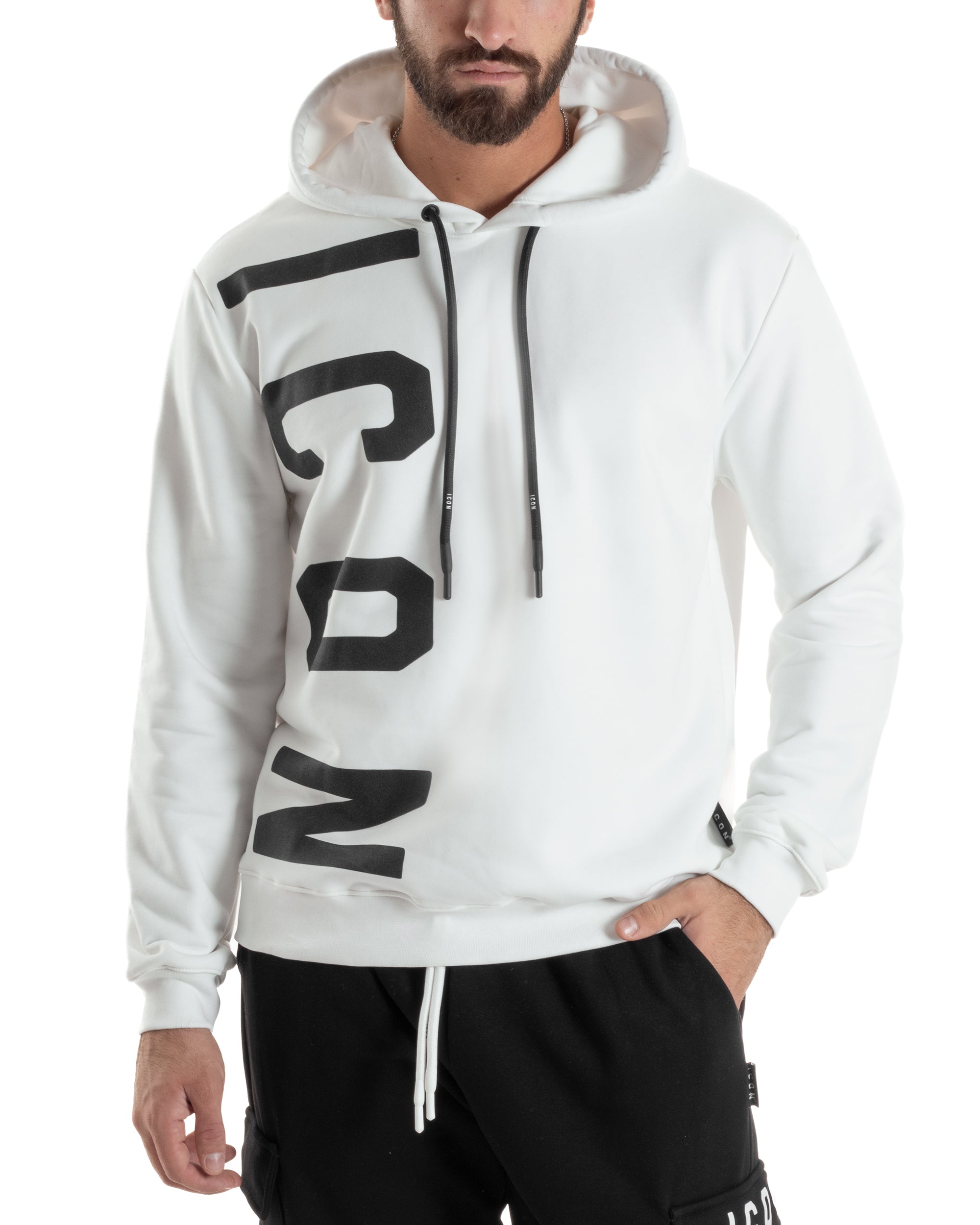 Felpa Uomo Cappuccio Stampa Scritta Casual Regular Fit Basic Bianco ICON ICUF2W6F003