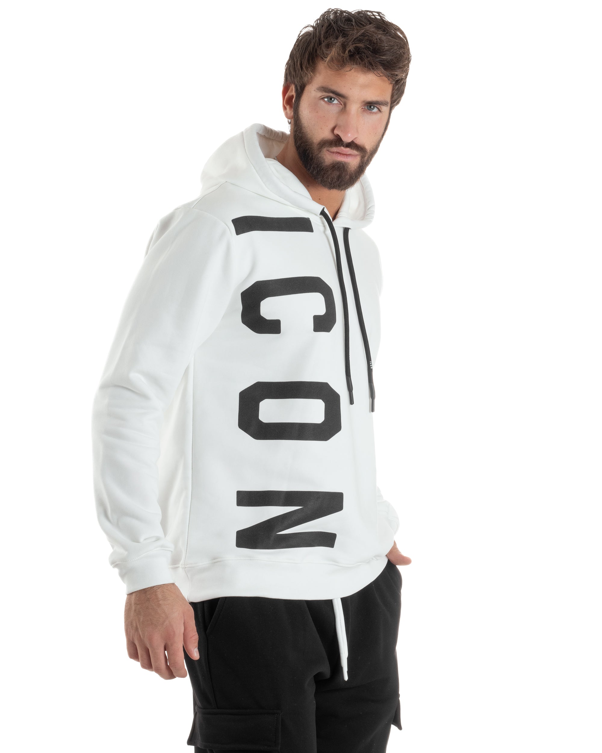 Felpa Uomo Cappuccio Stampa Scritta Casual Regular Fit Basic Bianco ICON ICUF2W6F003