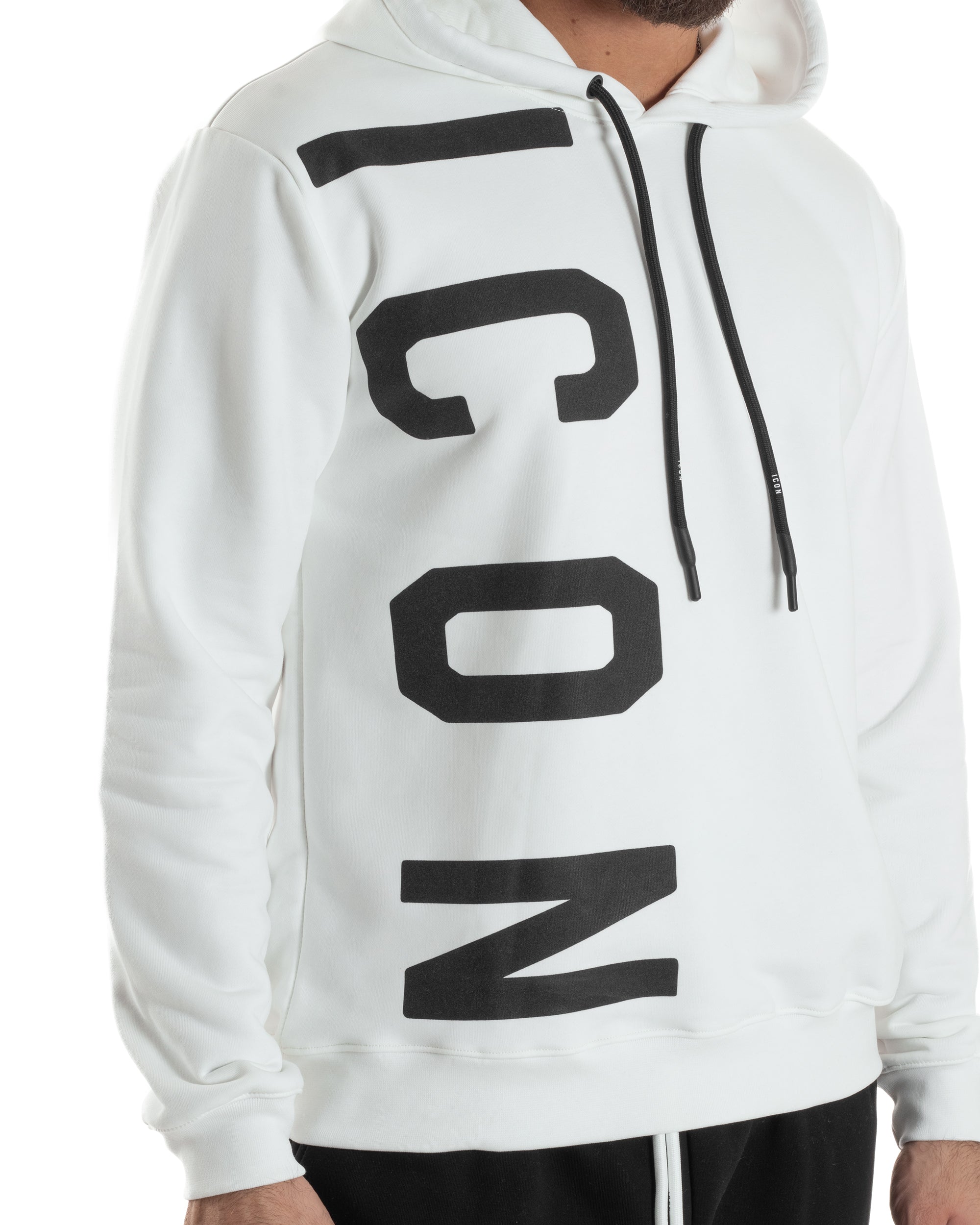 Felpa Uomo Cappuccio Stampa Scritta Casual Regular Fit Basic Bianco ICON ICUF2W6F003