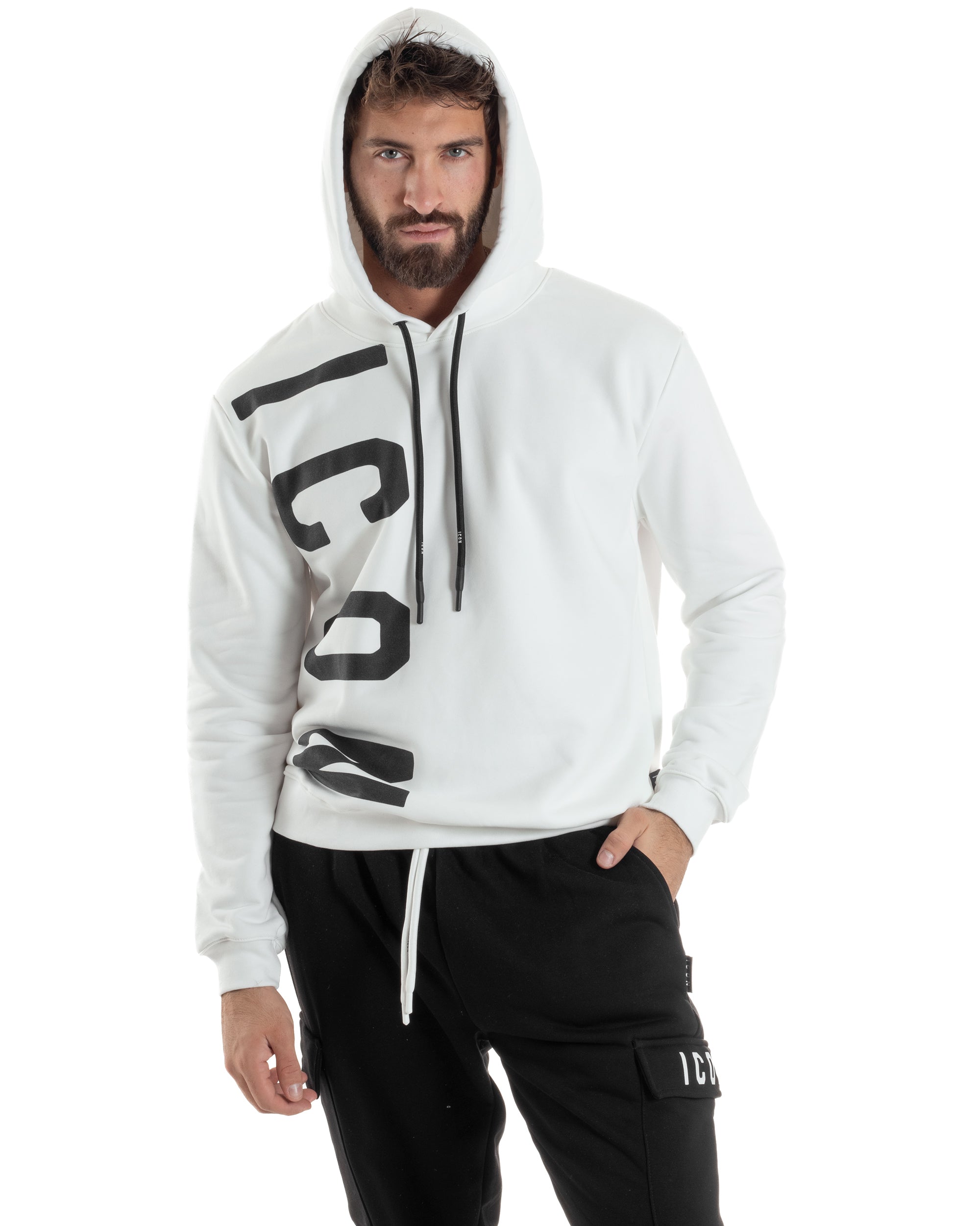 Felpa Uomo Cappuccio Stampa Scritta Casual Regular Fit Basic Bianco ICON ICUF2W6F003