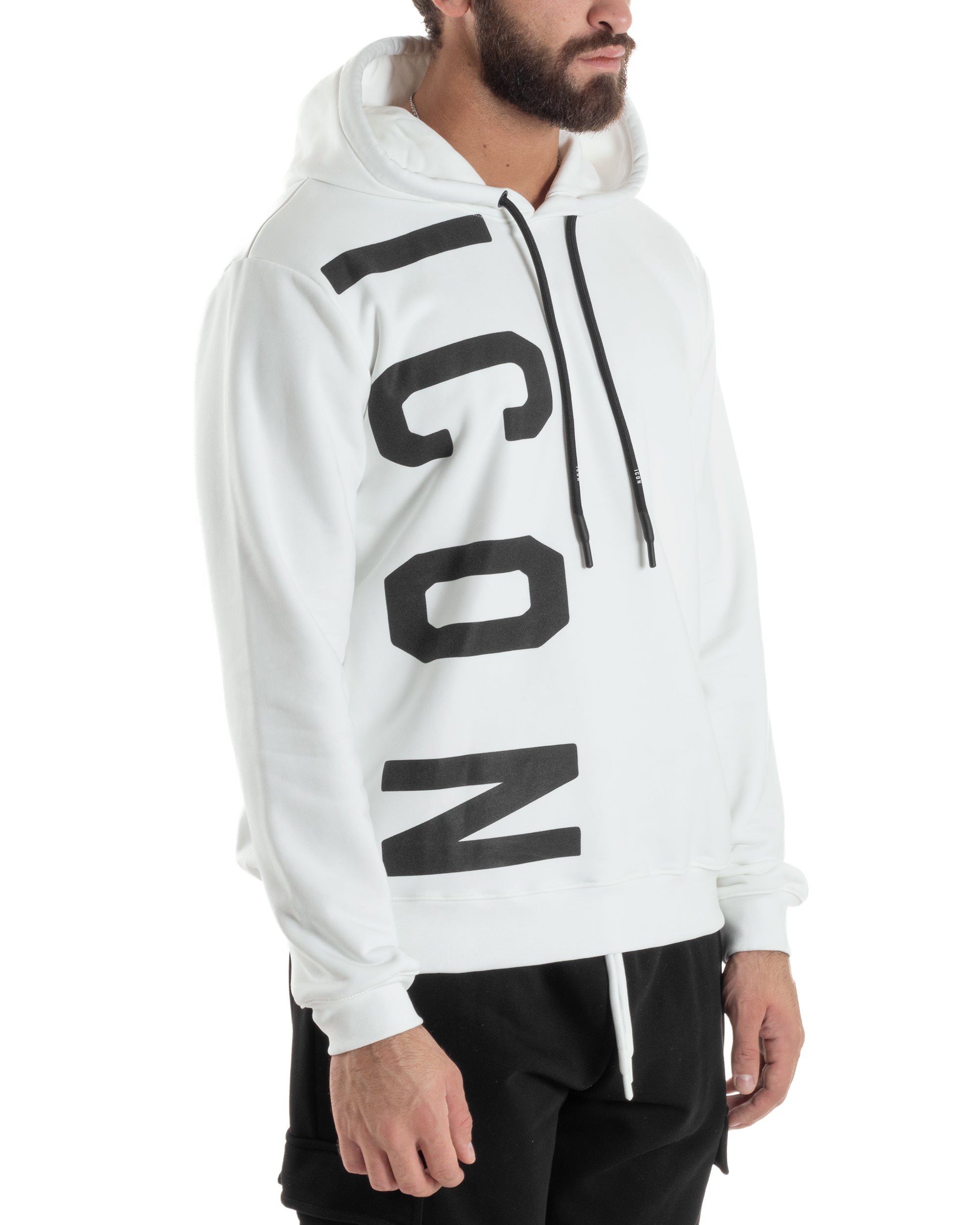 Felpa Uomo Cappuccio Stampa Scritta Casual Regular Fit Basic Bianco ICON ICUF2W6F003