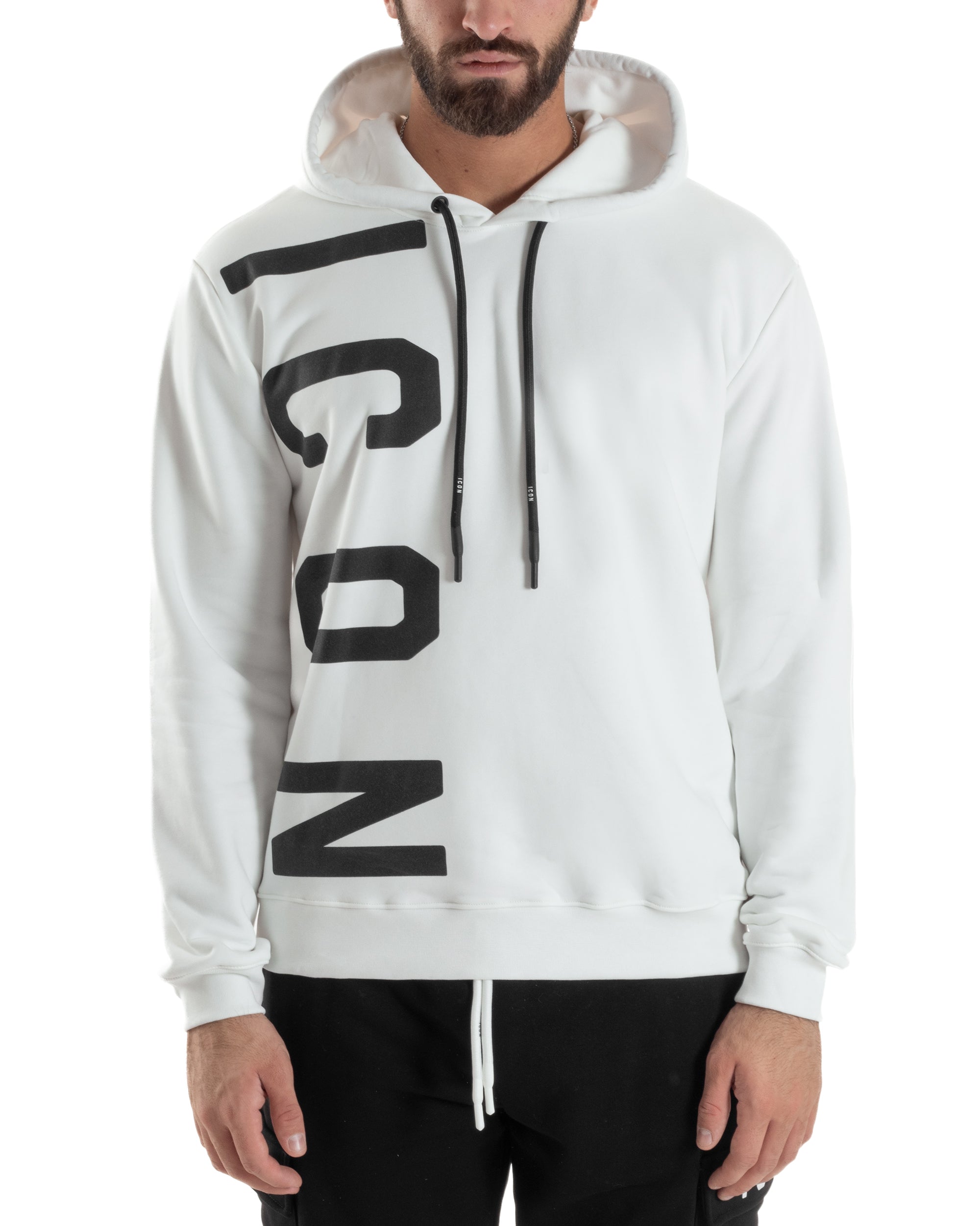 Felpa Uomo Cappuccio Stampa Scritta Casual Regular Fit Basic Bianco ICON ICUF2W6F003
