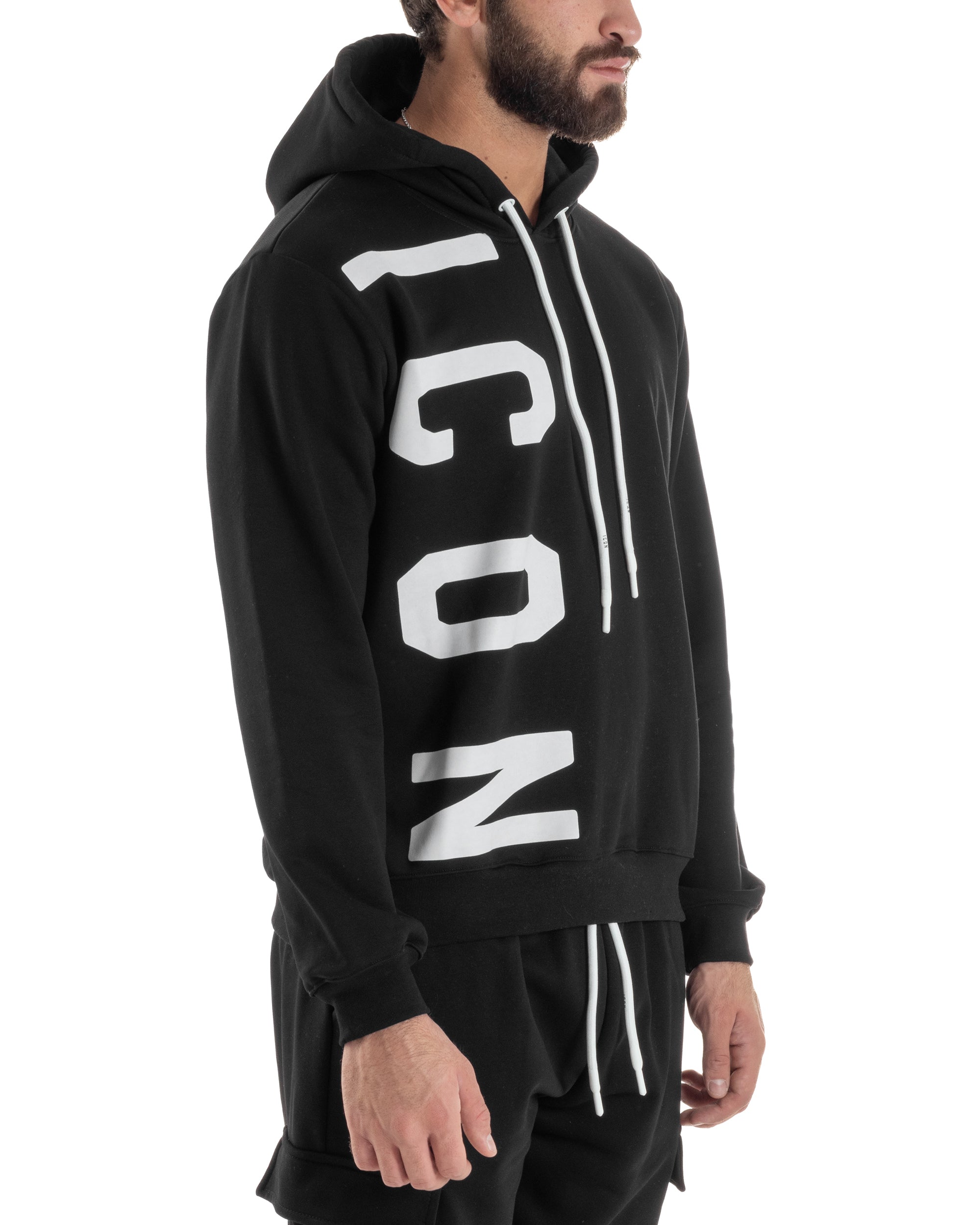 Felpa Uomo Cappuccio Stampa Scritta Casual Regular Fit Basic Nero ICON ICUF2W6F003