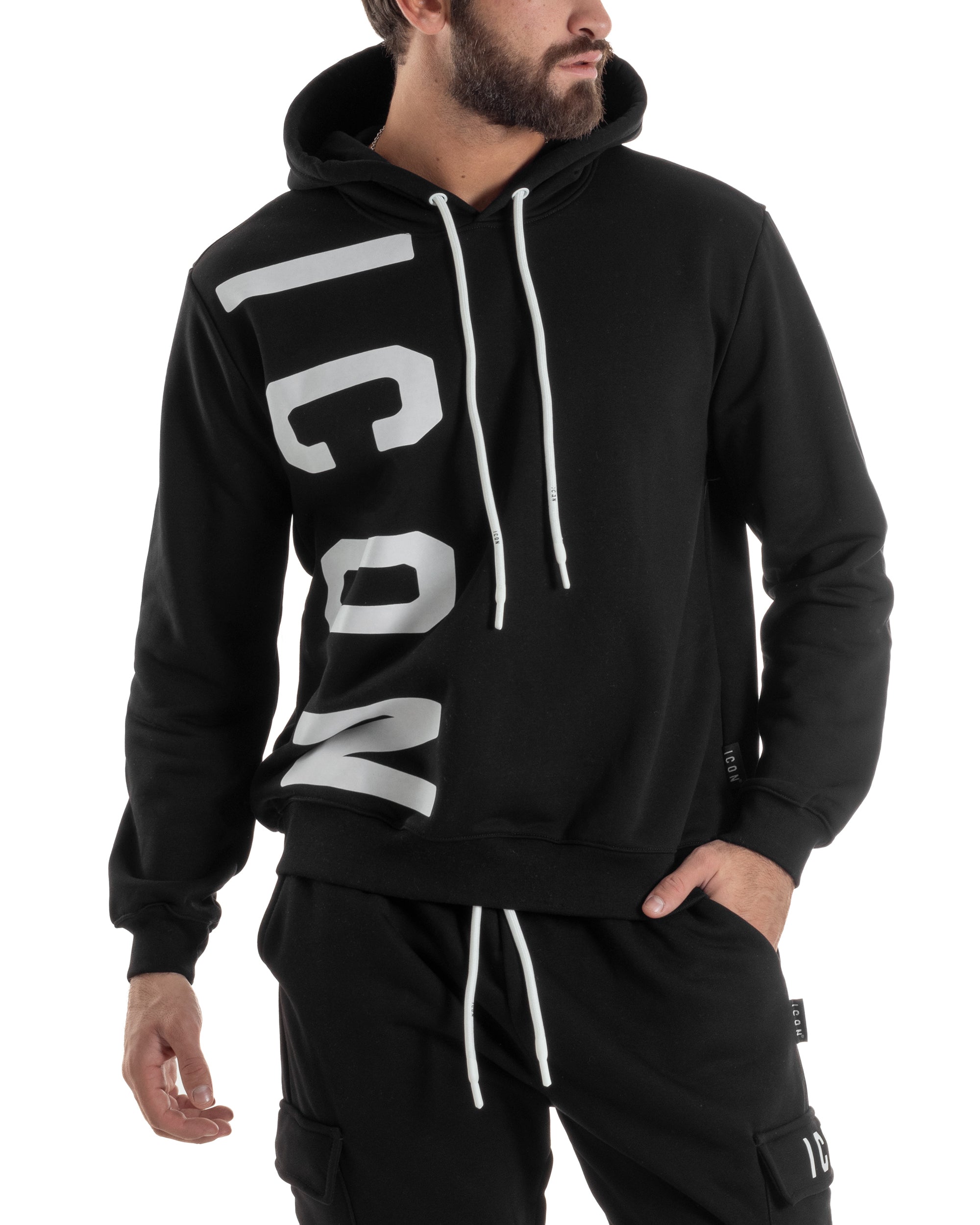 Felpa Uomo Cappuccio Stampa Scritta Casual Regular Fit Basic Nero ICON ICUF2W6F003