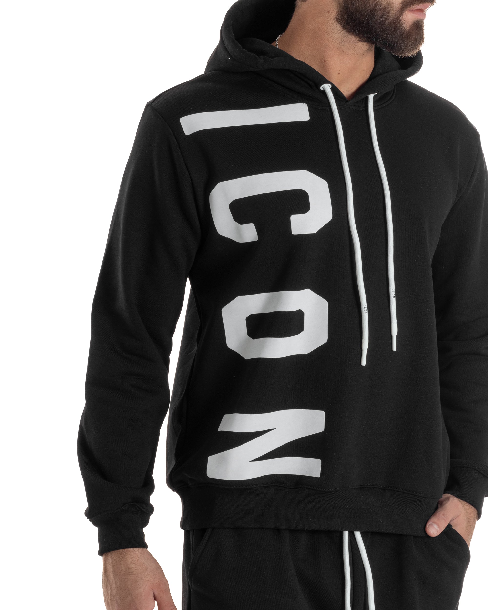 Felpa Uomo Cappuccio Stampa Scritta Casual Regular Fit Basic Nero ICON ICUF2W6F003