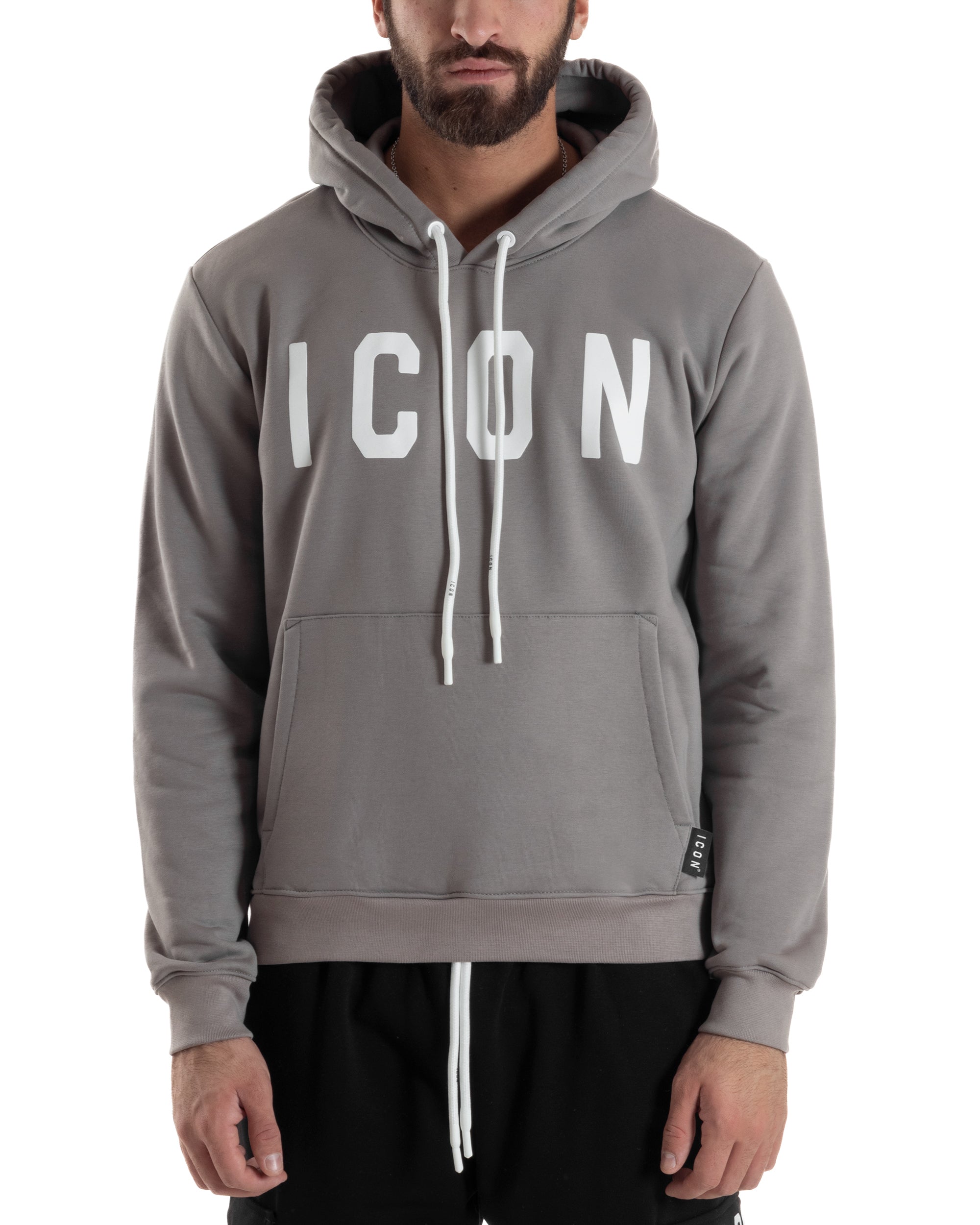 Felpa Uomo Cappuccio Marsupio Stampa Regular Fit Basic Grigio ICON ICUF2W6F005