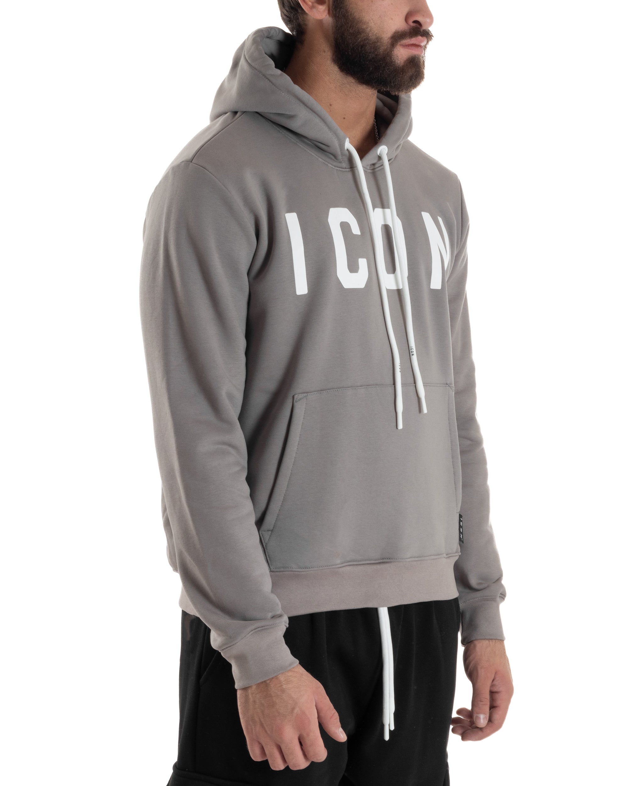 Felpa Uomo Cappuccio Marsupio Stampa Regular Fit Basic Grigio ICON ICUF2W6F005