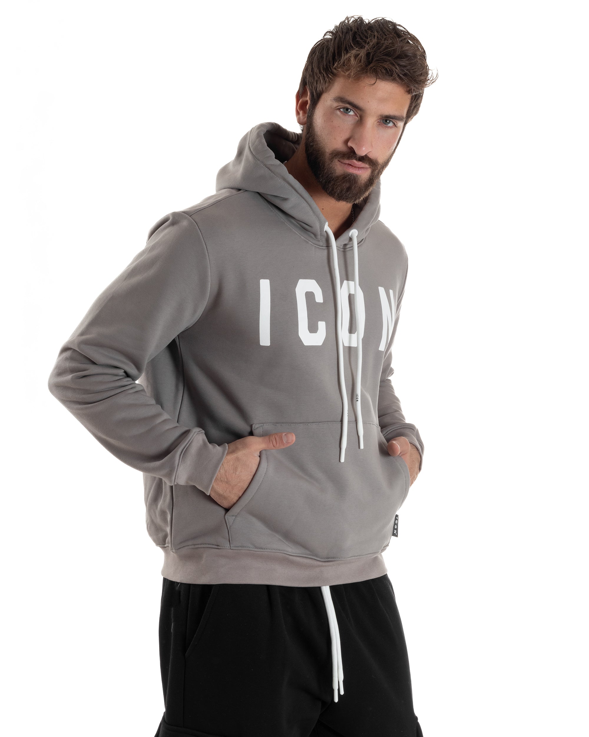 Felpa Uomo Cappuccio Marsupio Stampa Regular Fit Basic Grigio ICON ICUF2W6F005