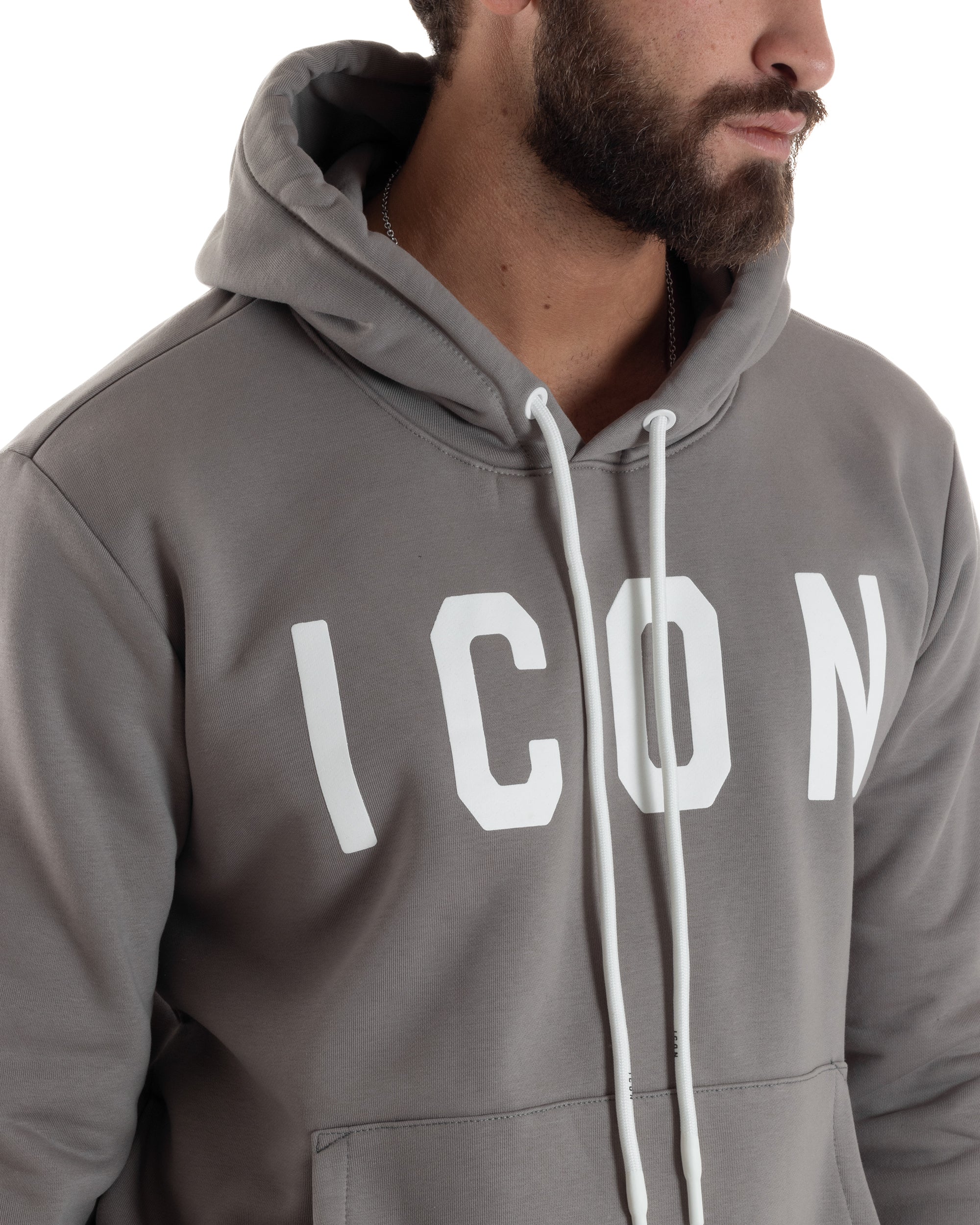 Felpa Uomo Cappuccio Marsupio Stampa Regular Fit Basic Grigio ICON ICUF2W6F005