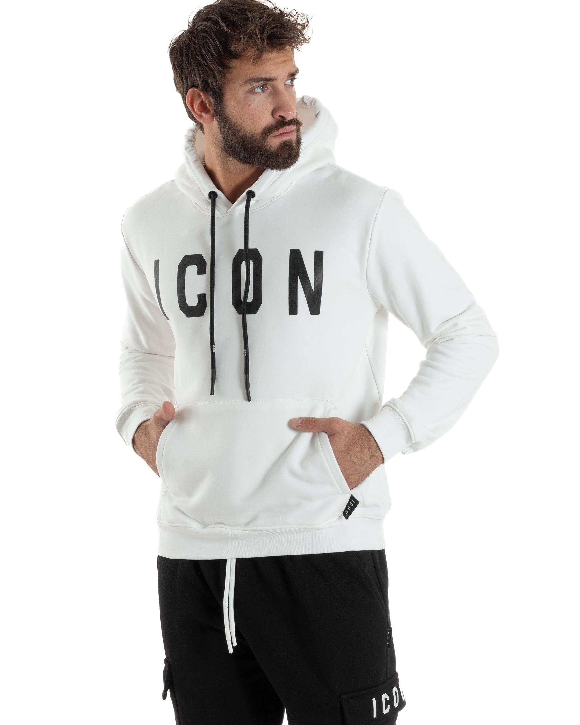 Felpa Uomo Cappuccio Marsupio Stampa Regular Fit Basic Bianco ICON ICUF2W6F005