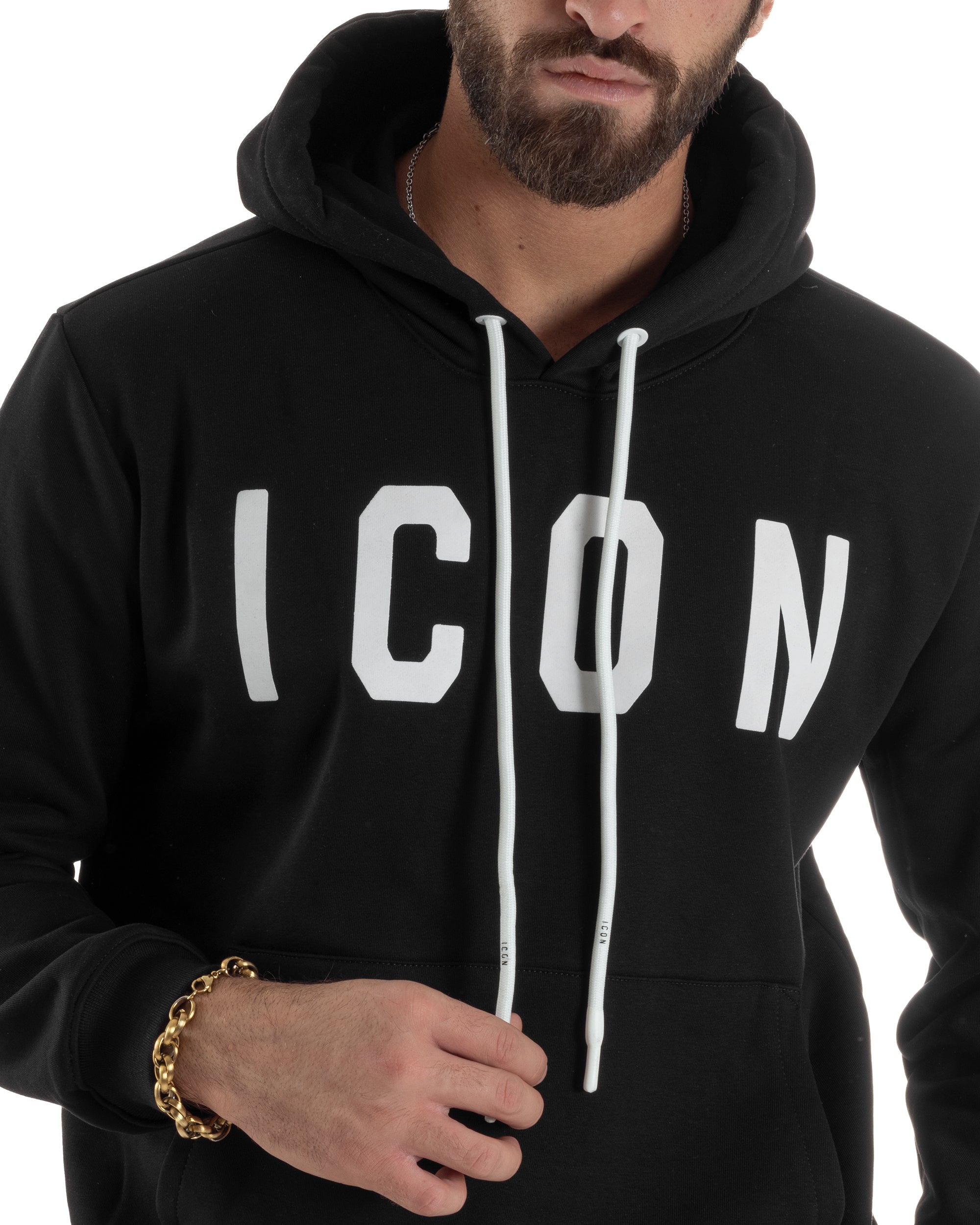 Felpa Uomo Cappuccio Marsupio Stampa Regular Fit Basic Nero ICON ICUF2W6F005