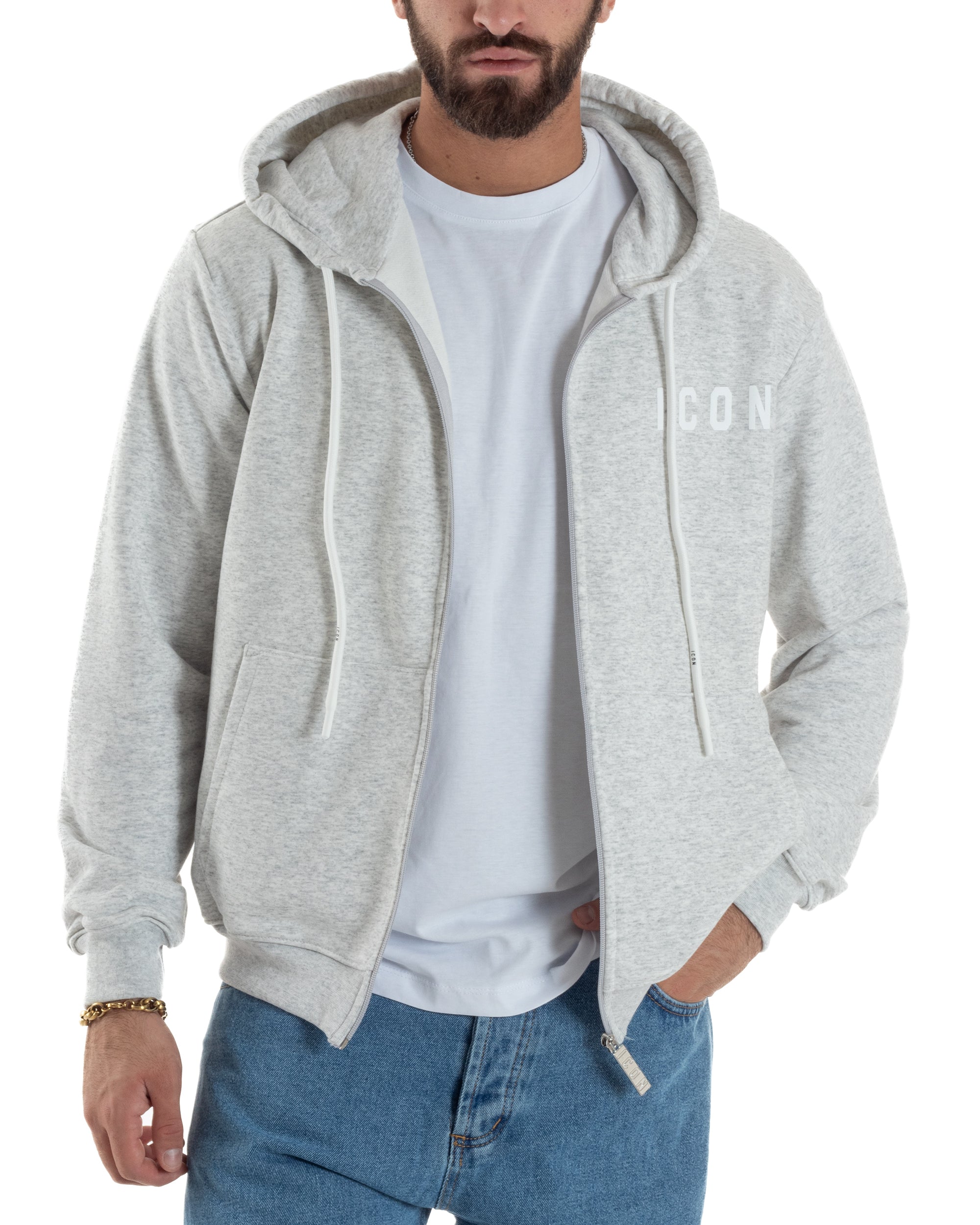 Felpa Uomo Cappuccio Zip Marsupio Stampa Regular Fit Basic Grigio Chiaro ICON ICUF2W6F007