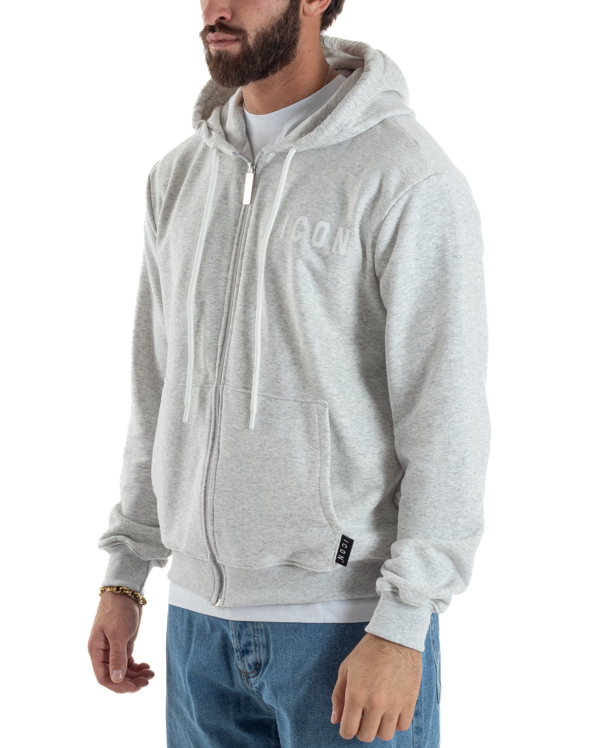 Felpa Uomo Cappuccio Zip Marsupio Stampa Regular Fit Basic Grigio Chiaro ICON ICUF2W6F007
