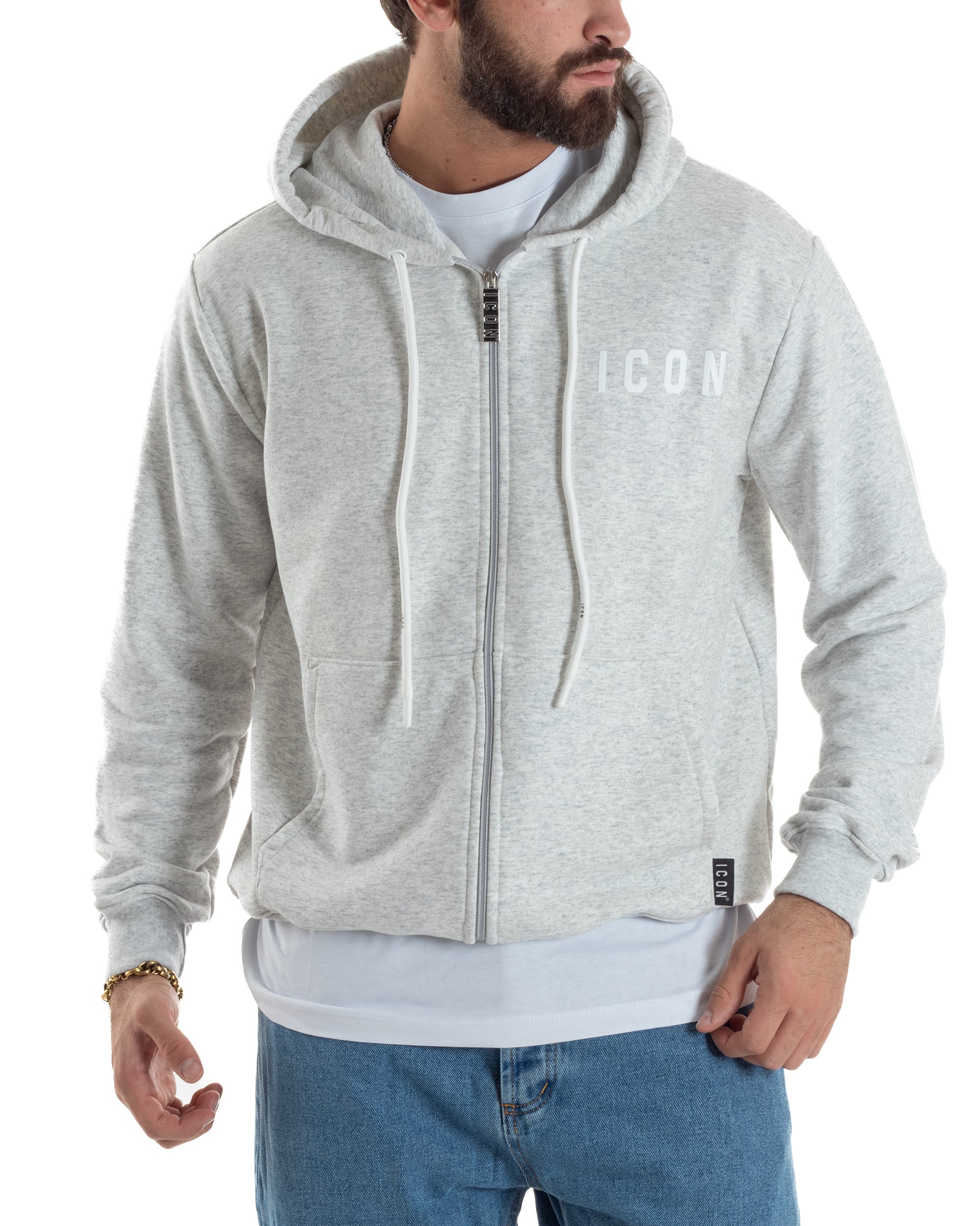 Felpa Uomo Cappuccio Zip Marsupio Stampa Regular Fit Basic Grigio Chiaro ICON ICUF2W6F007