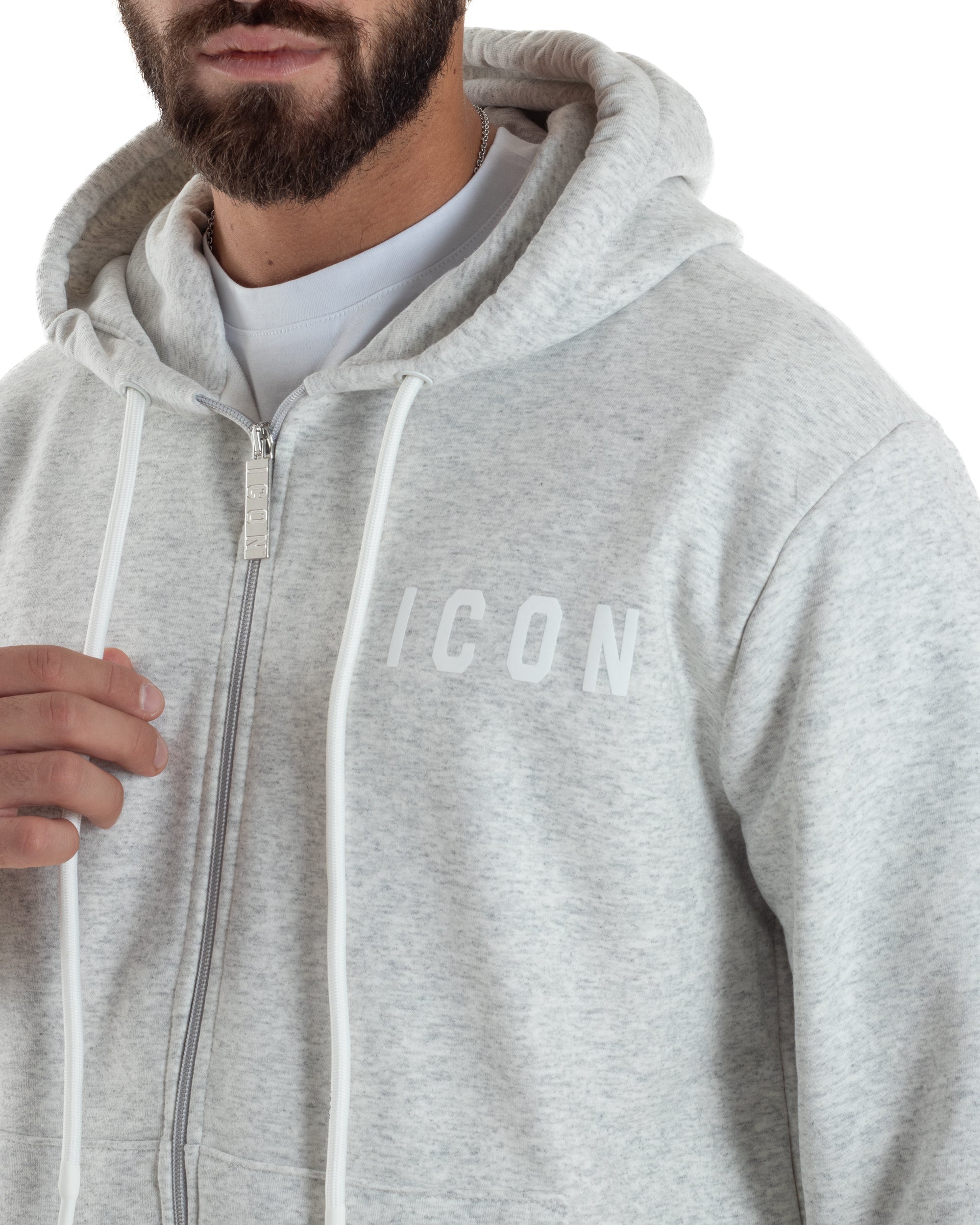 Felpa Uomo Cappuccio Zip Marsupio Stampa Regular Fit Basic Grigio Chiaro ICON ICUF2W6F007
