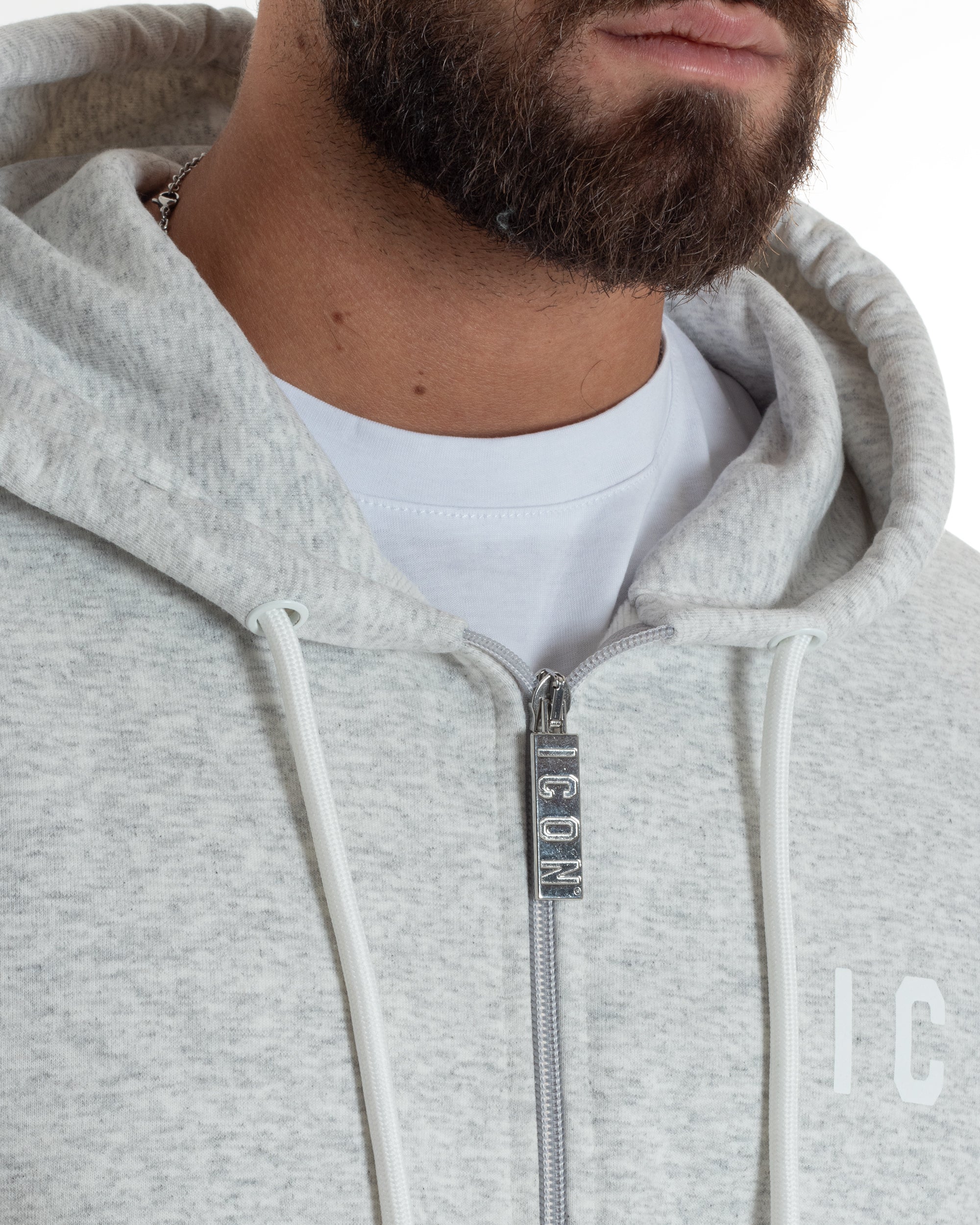 Felpa Uomo Cappuccio Zip Marsupio Stampa Regular Fit Basic Grigio Chiaro ICON ICUF2W6F007