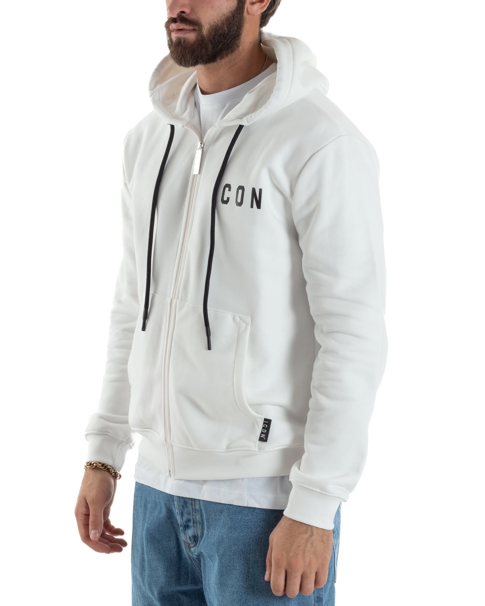 Felpa Uomo Cappuccio Zip Marsupio Stampa Regular Fit Basic Bianco ICON ICUF2W6F007