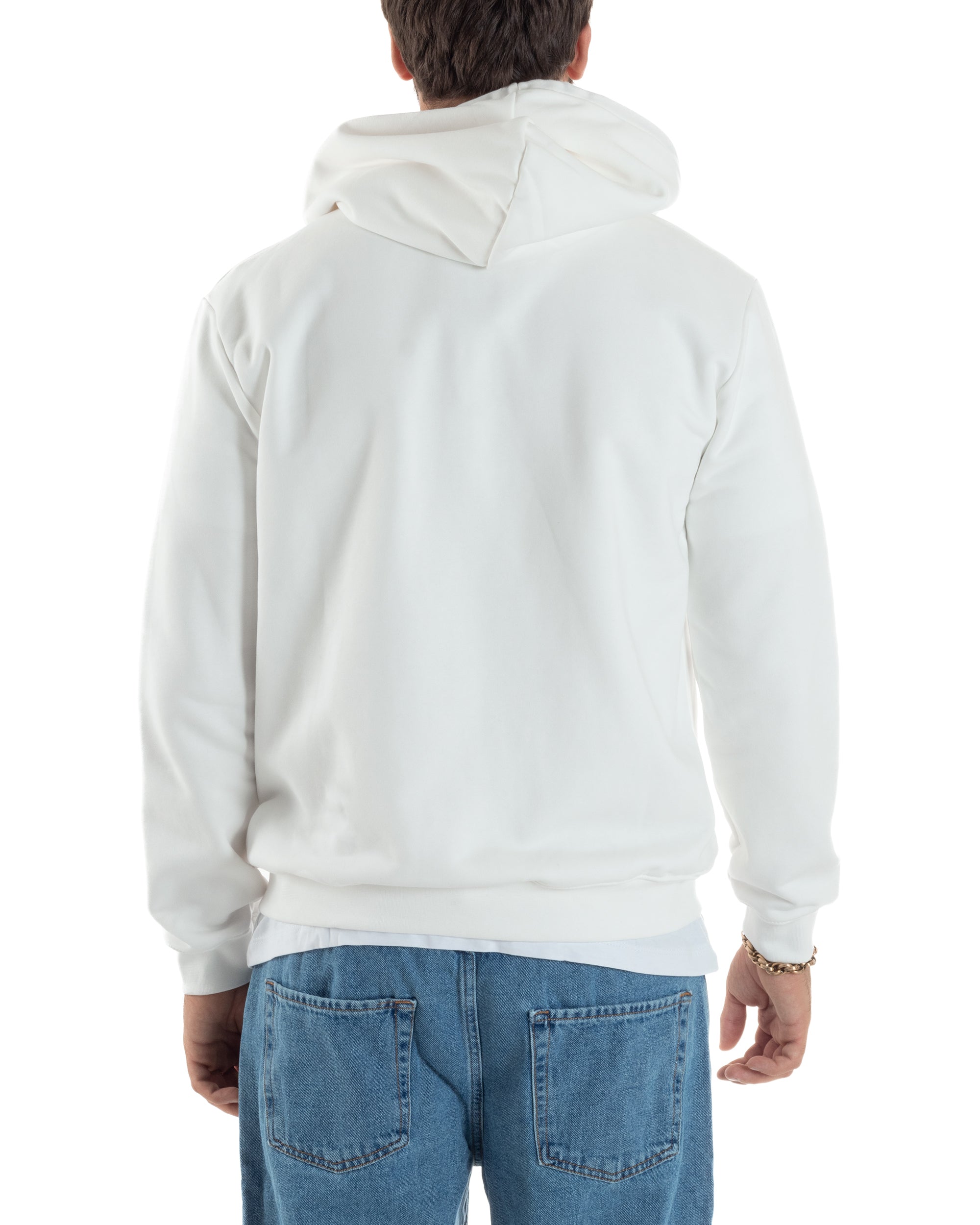 Felpa Uomo Cappuccio Zip Marsupio Stampa Regular Fit Basic Bianco ICON ICUF2W6F007