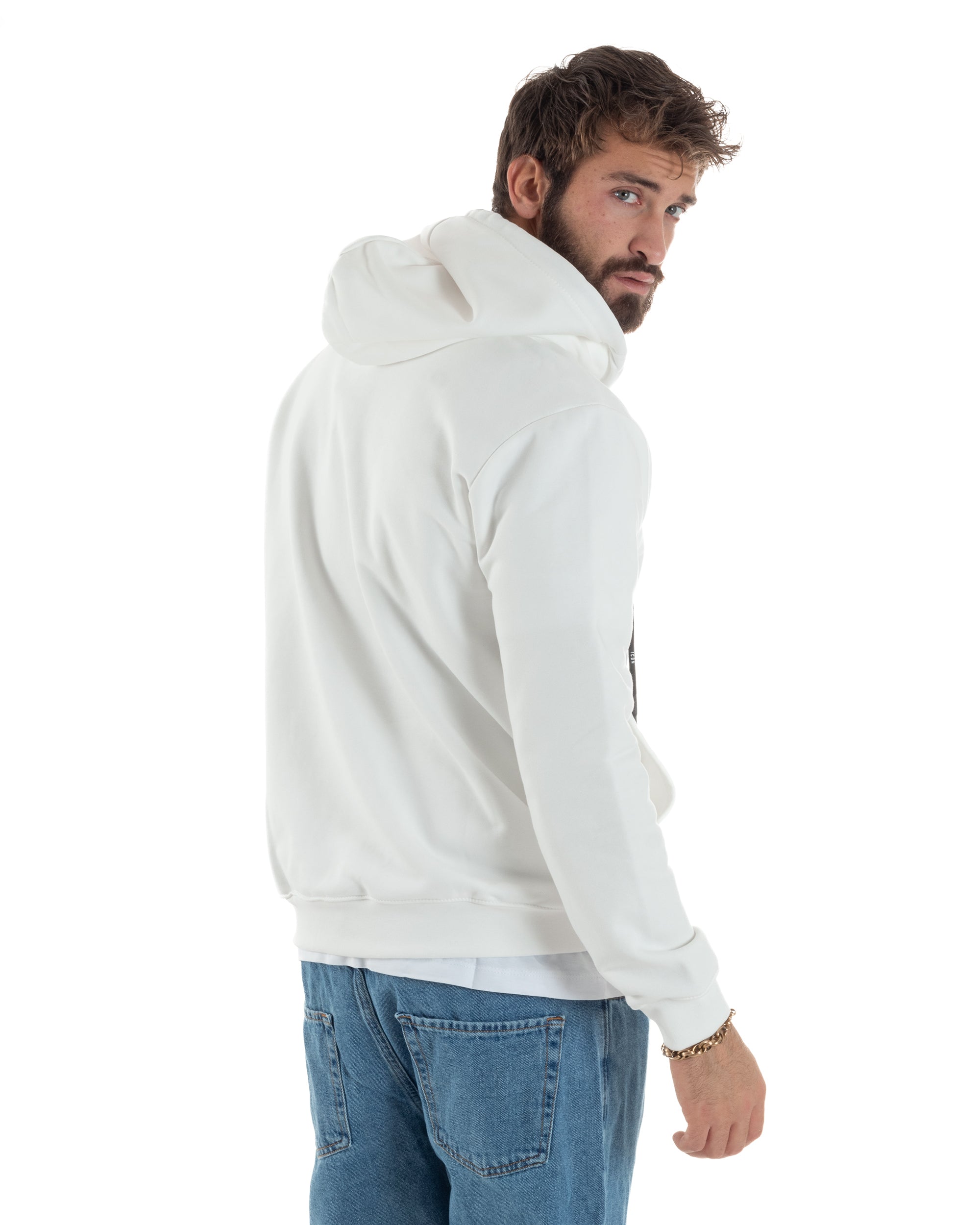 Felpa Uomo Cappuccio Zip Marsupio Stampa Regular Fit Basic Bianco ICON ICUF2W6F007