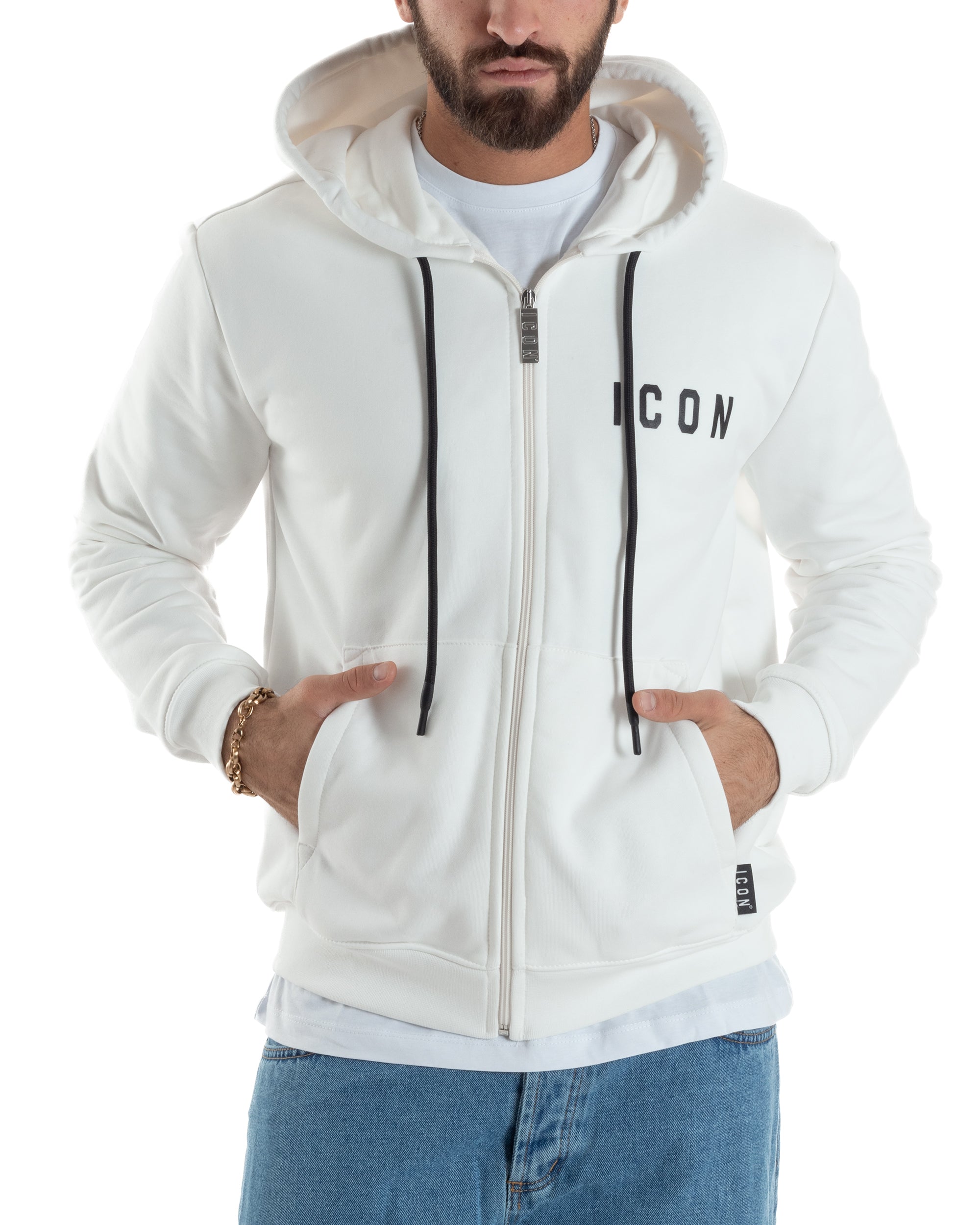 Felpa Uomo Cappuccio Zip Marsupio Stampa Regular Fit Basic Bianco ICON ICUF2W6F007