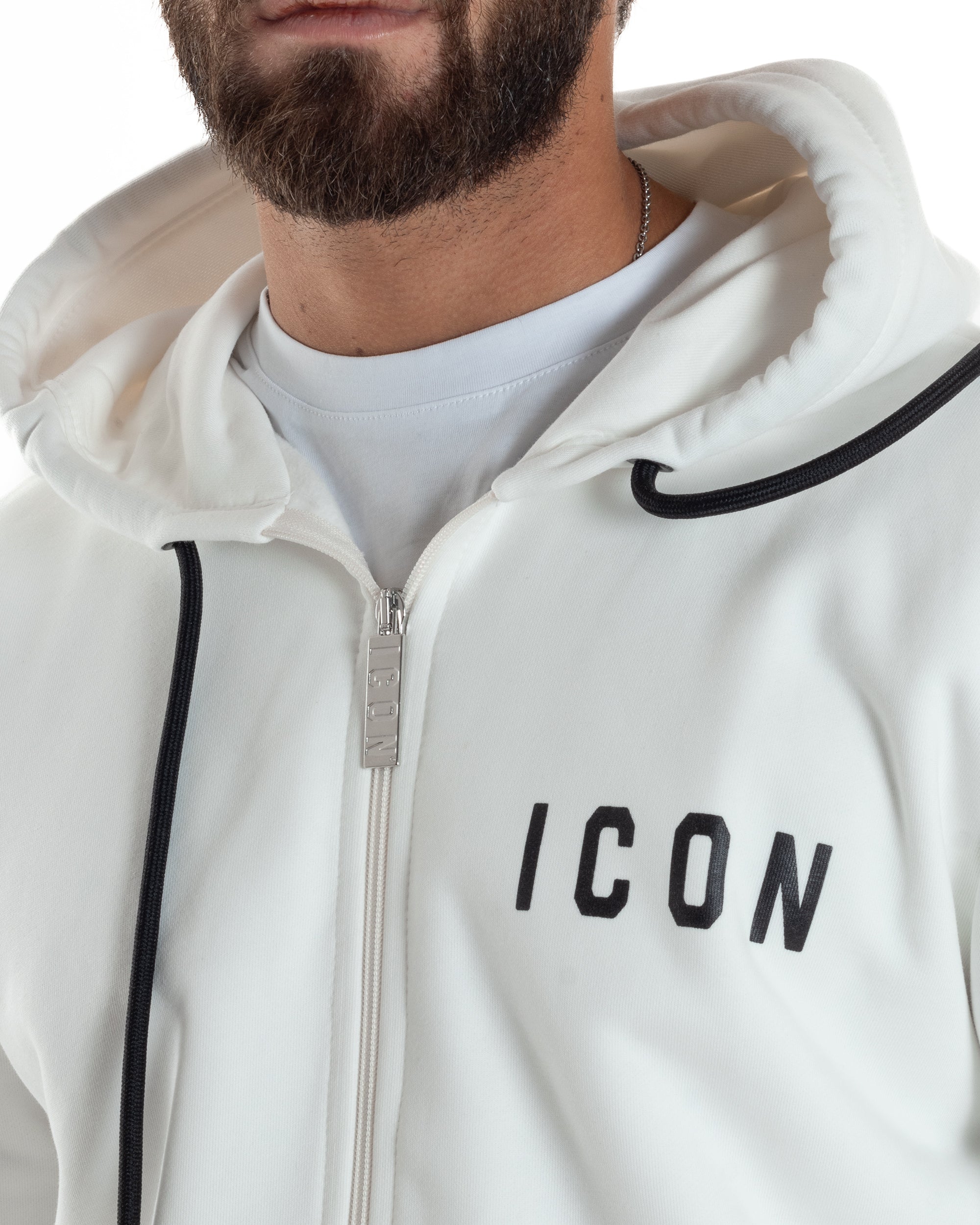 Felpa Uomo Cappuccio Zip Marsupio Stampa Regular Fit Basic Bianco ICON ICUF2W6F007