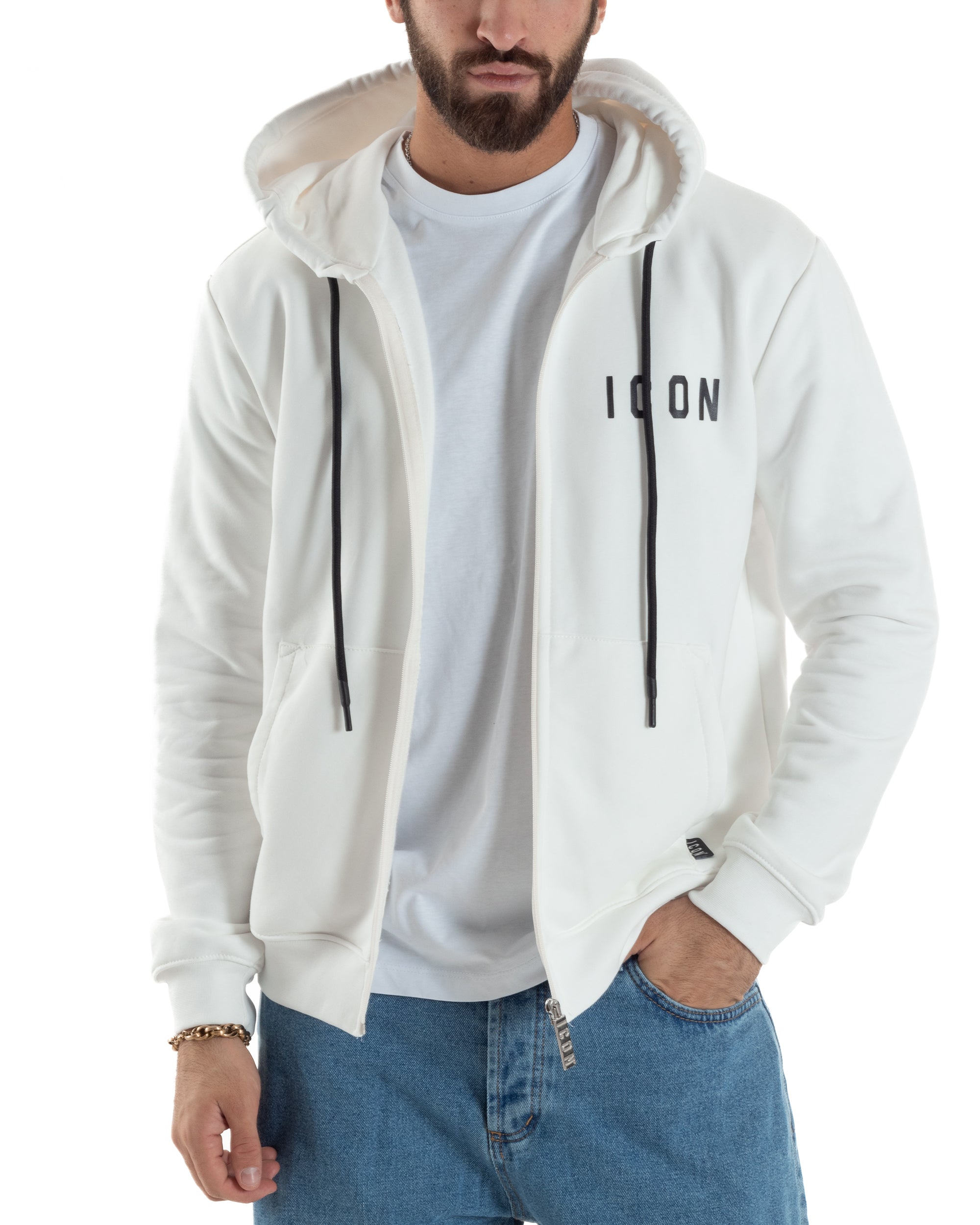 Felpa Uomo Cappuccio Zip Marsupio Stampa Regular Fit Basic Bianco ICON ICUF2W6F007