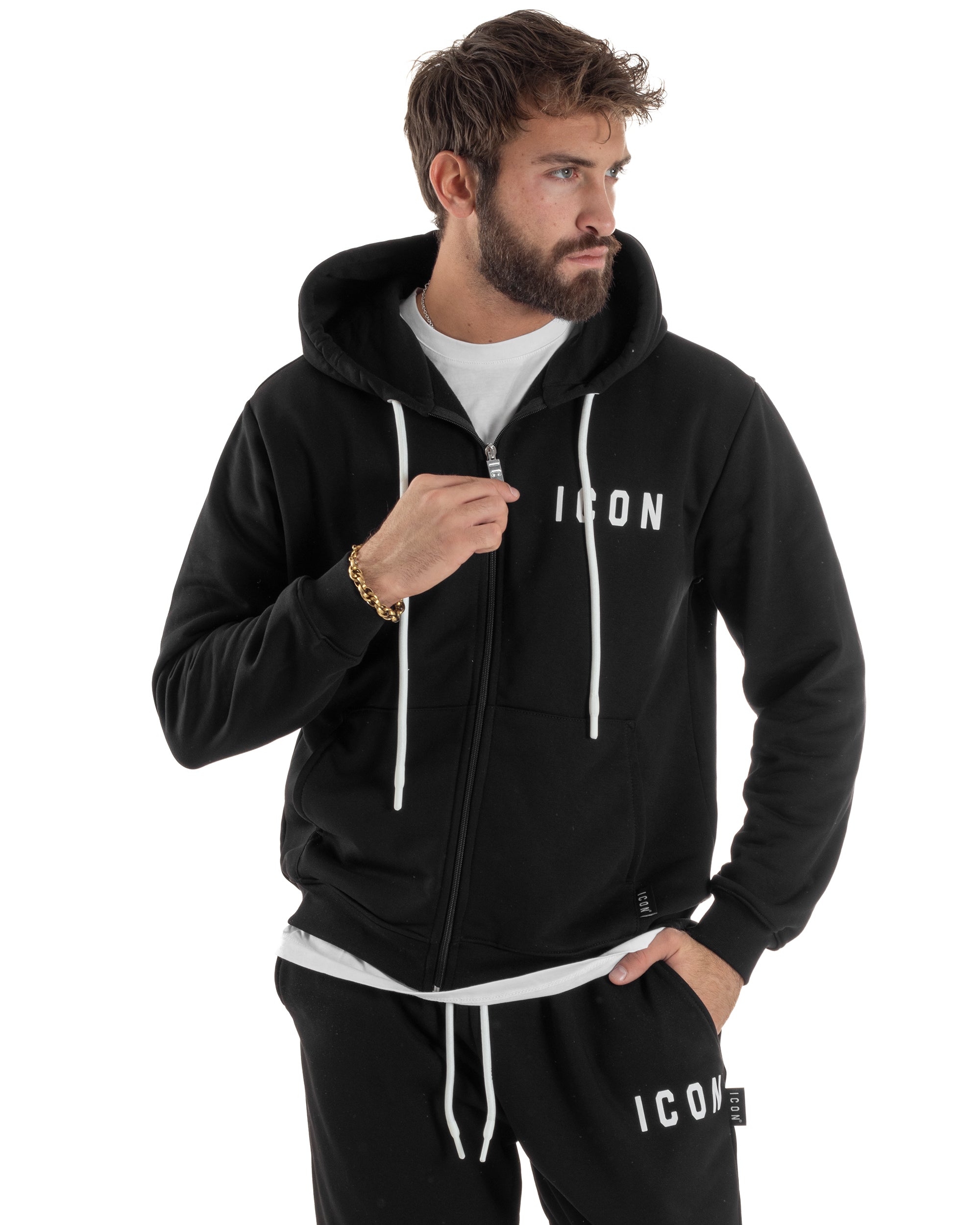 Felpa Uomo Cappuccio Zip Marsupio Stampa Regular Fit Basic Nero ICON ICUF2W6F007