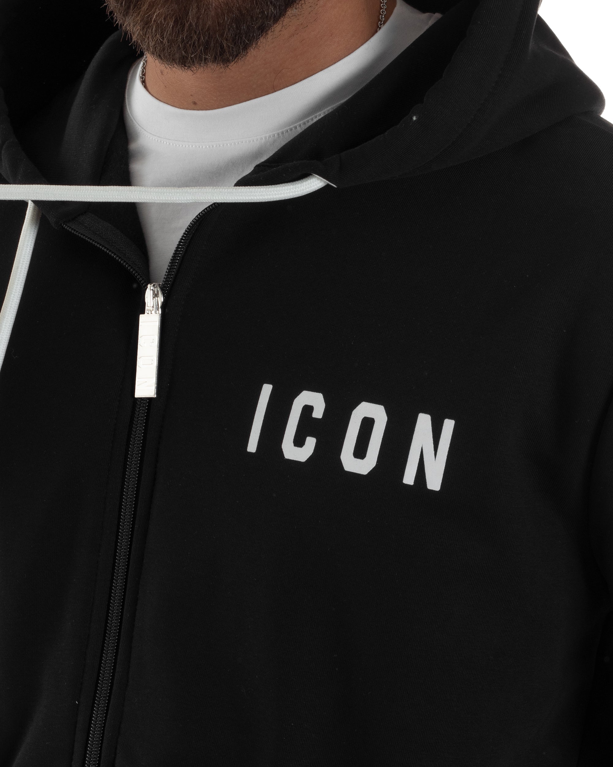 Felpa Uomo Cappuccio Zip Marsupio Stampa Regular Fit Basic Nero ICON ICUF2W6F007