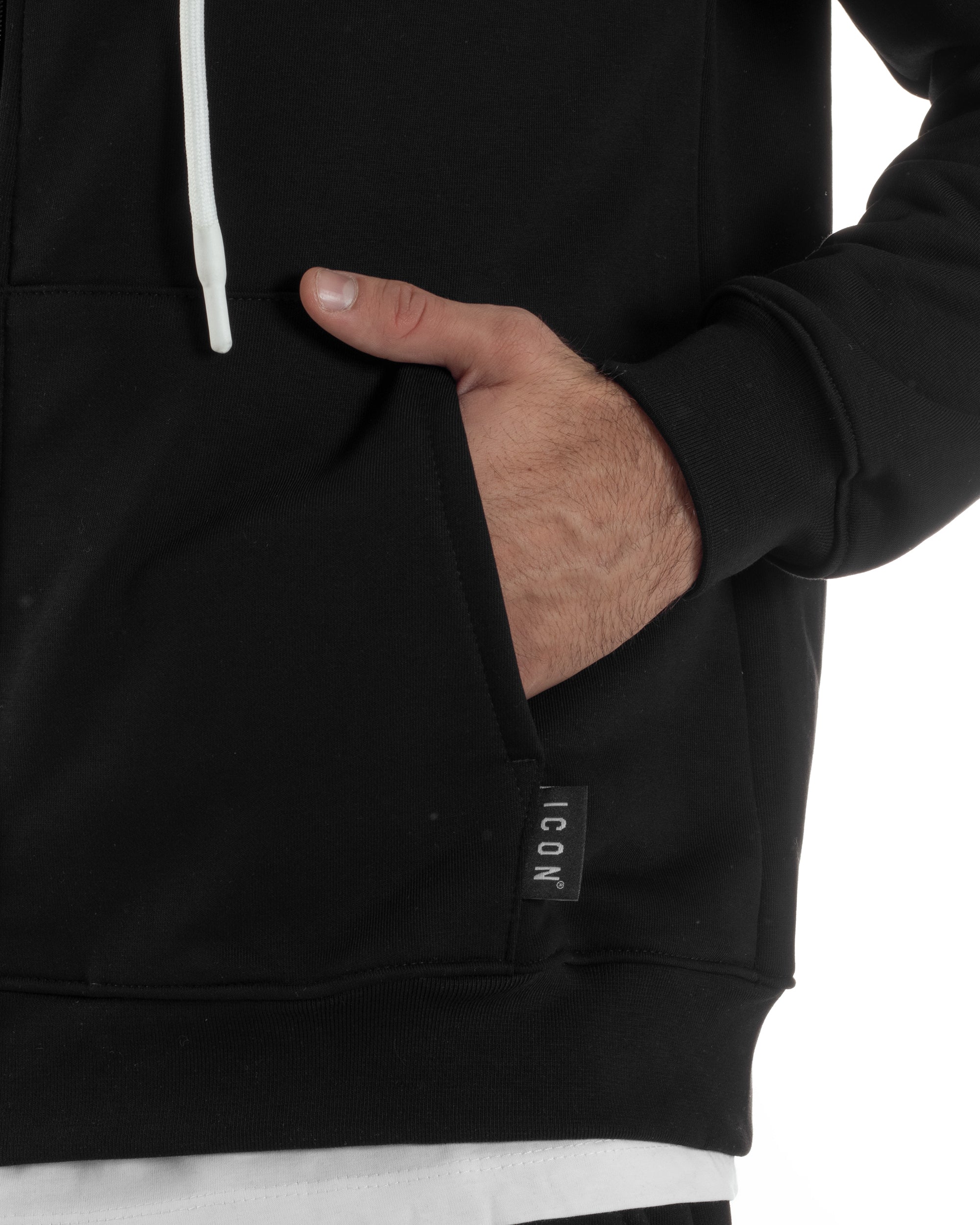 Felpa Uomo Cappuccio Zip Marsupio Stampa Regular Fit Basic Nero ICON ICUF2W6F007