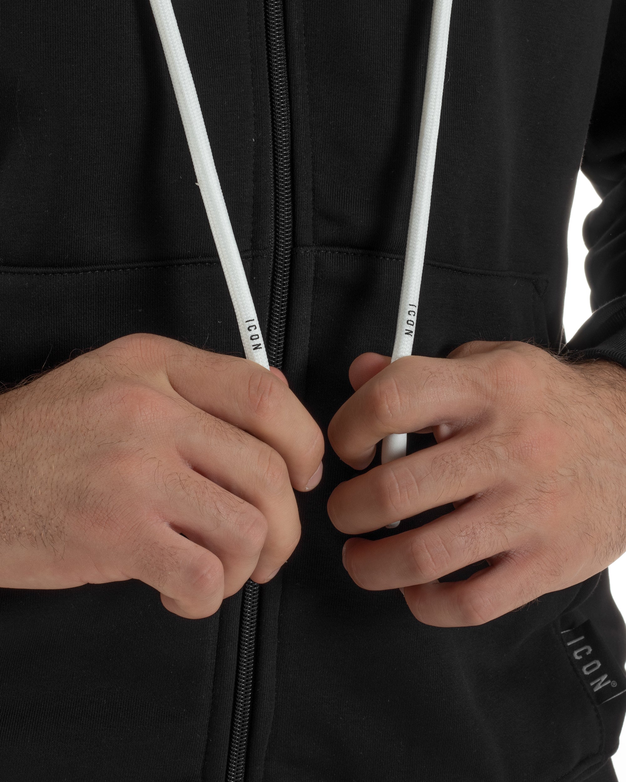 Felpa Uomo Cappuccio Zip Marsupio Stampa Regular Fit Basic Nero ICON ICUF2W6F007