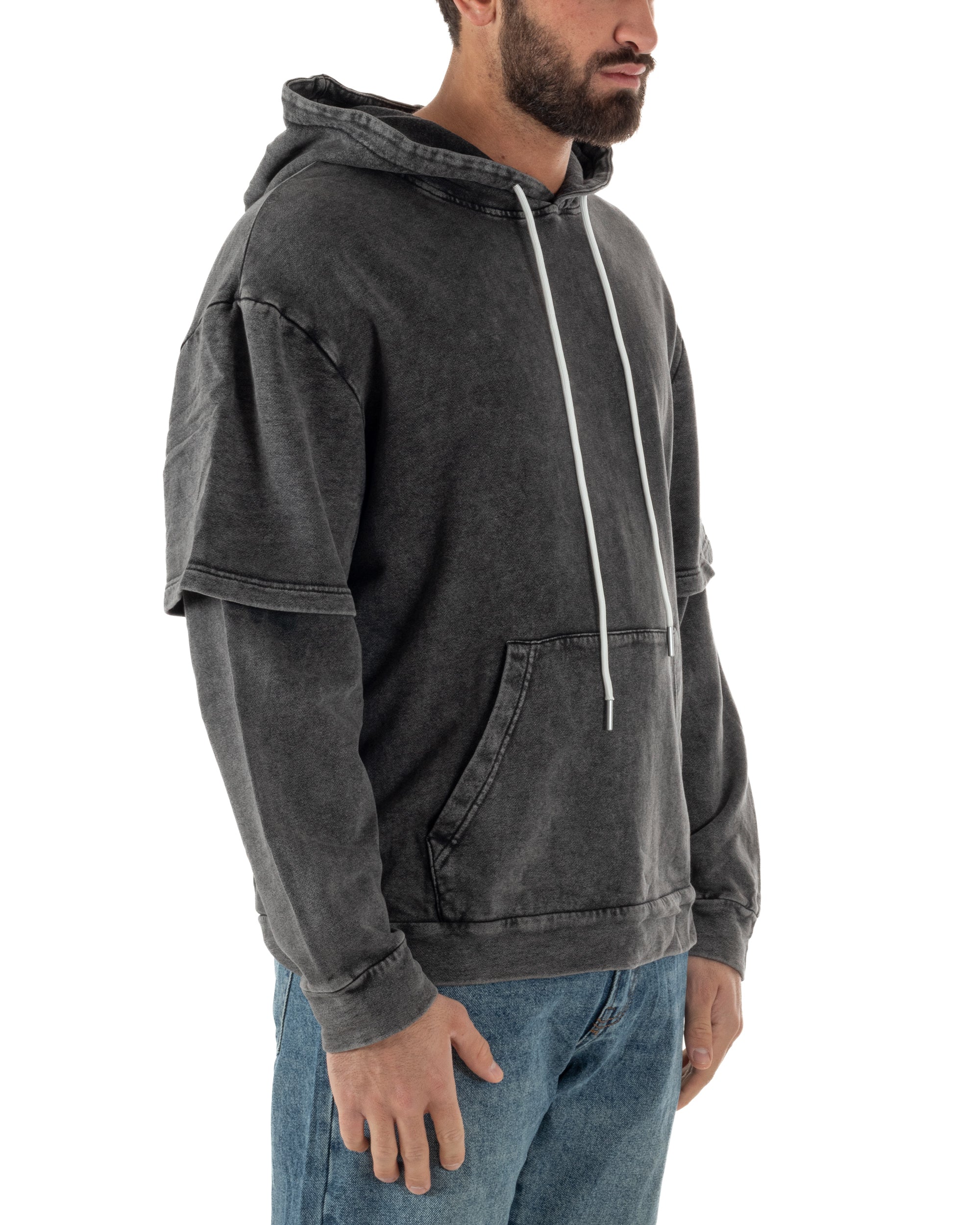 Felpa Uomo Long Sleeve Doppio Strato Slavata Boxy Fit Cappuccio Nero F3076A