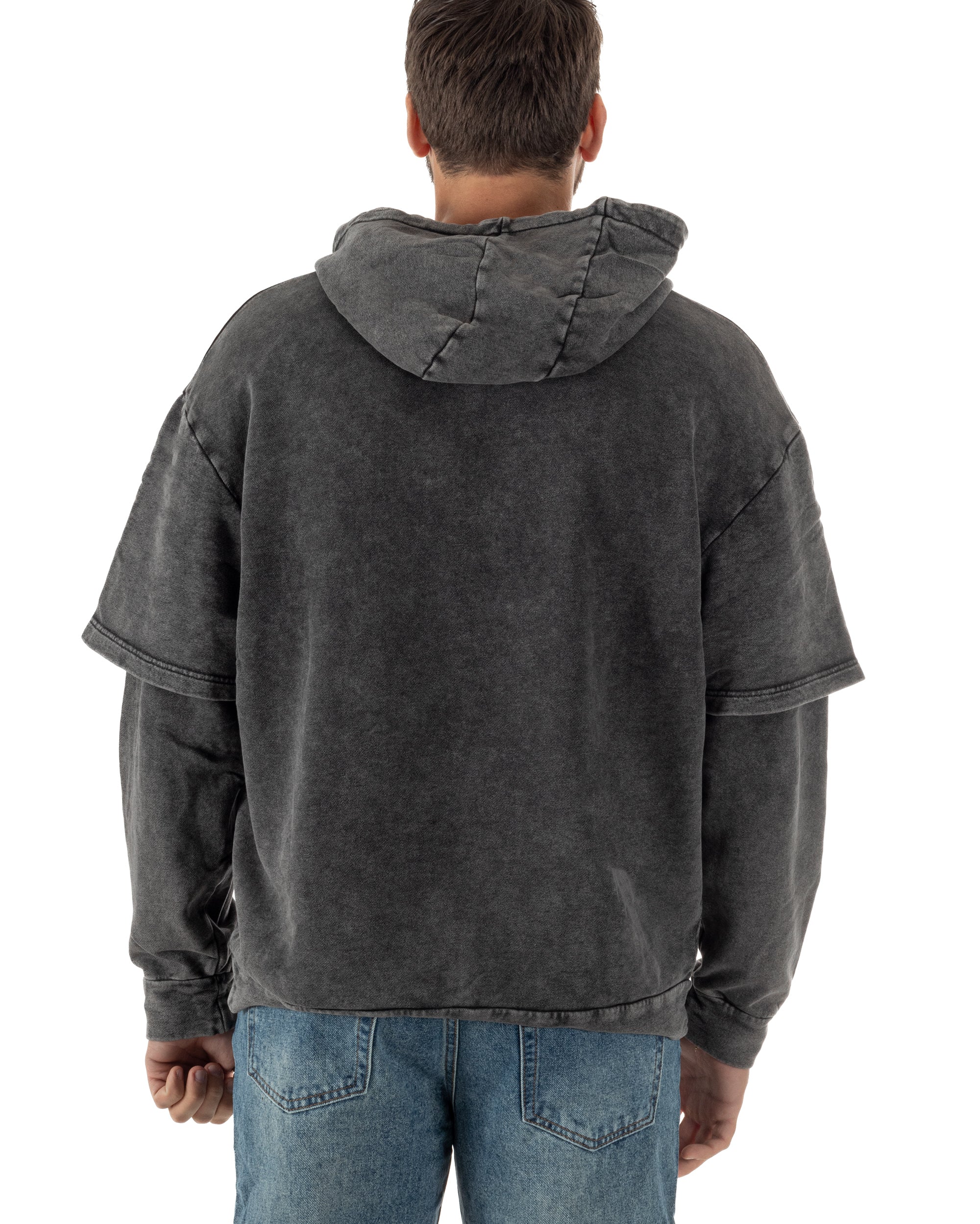 Felpa Uomo Long Sleeve Doppio Strato Slavata Boxy Fit Cappuccio Nero F3076A